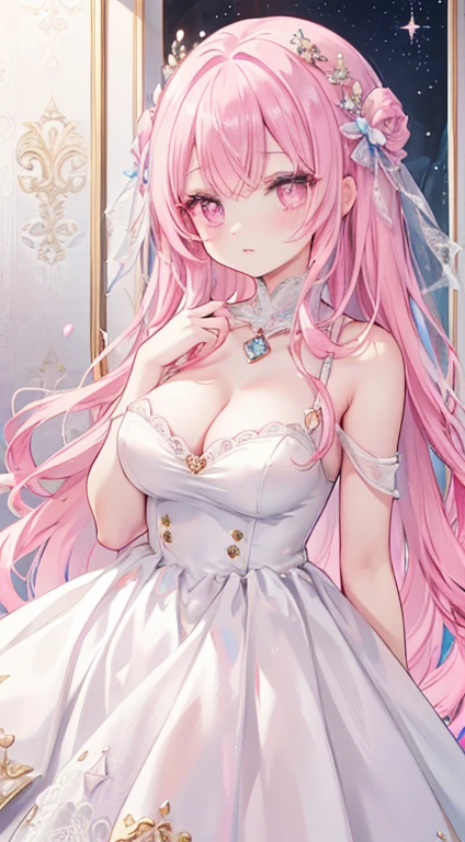 1 female、爆乳、cleavage of the breast、Pink hair、Garnet Eyes、length hair、beautiful, shiny, soft hair、Cinderella、Cinderella's Castle、sparkling pink lace dress、natta、moonlight、It's snowing、Pink lip、耳环、White lace ribbon、frilld、Sparkling eyes、Sapphire brooch、The dress is studded with sapphires、from the front side、(​masterpiece:1.2)、(illustratio)、(top-quality:1.2)、(ultra-detailliert:1.2)、(8k)、(HDR)、(电影灯光)  )、(wall-paper)、(Crisp focus)、(with an intricate)、(The upper part of the body)