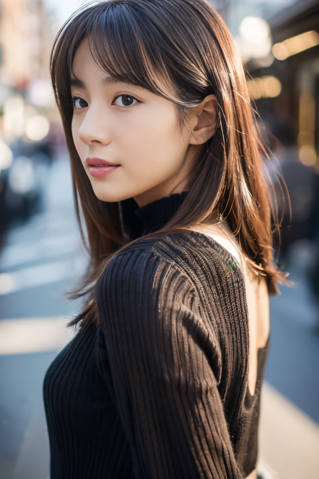 ulzzang -6500-v1.1, (Raw photo:1.2), (Photorealsitic), huge filesize, hight resolution, ighly detailed, top-quality, [​masterpiece:1.6], illustratio, ighly detailed, nffsw, finely detail, top-quality, 8k wallpaper, Woman crouching on street in big city、(1 girl in),17 age、full-shot、People with Japan、perfect body type, ((Big breasts with tension、Disproportionately huge、heavy breasts))、Lori face、closes mouth、shyly smile、(Japan Black High Neck Bodycon Dress、Black High Neck Bodycon Dress、Black Japan High Neck Bodycon Dress:1.3)、Crowds、dynamicposes(Photoreal: 1.4), (Hyper-realistic: 1.4), (Realistic: 1.3), (Smooth lighting: 1.05), (Improved cinematic lighting: 0.9), Realistic lighting, Backlight, Face Light, raytrace, (Whitening light: 1.2), (Image enhancement: 1.4), ( Top quality real skins: 1.4), Narrow eyes, Fine face, Narrow eyes, (Body Line Mood Increase: 1.1), (Skin Texture Enhancement Beauty: 1.1),