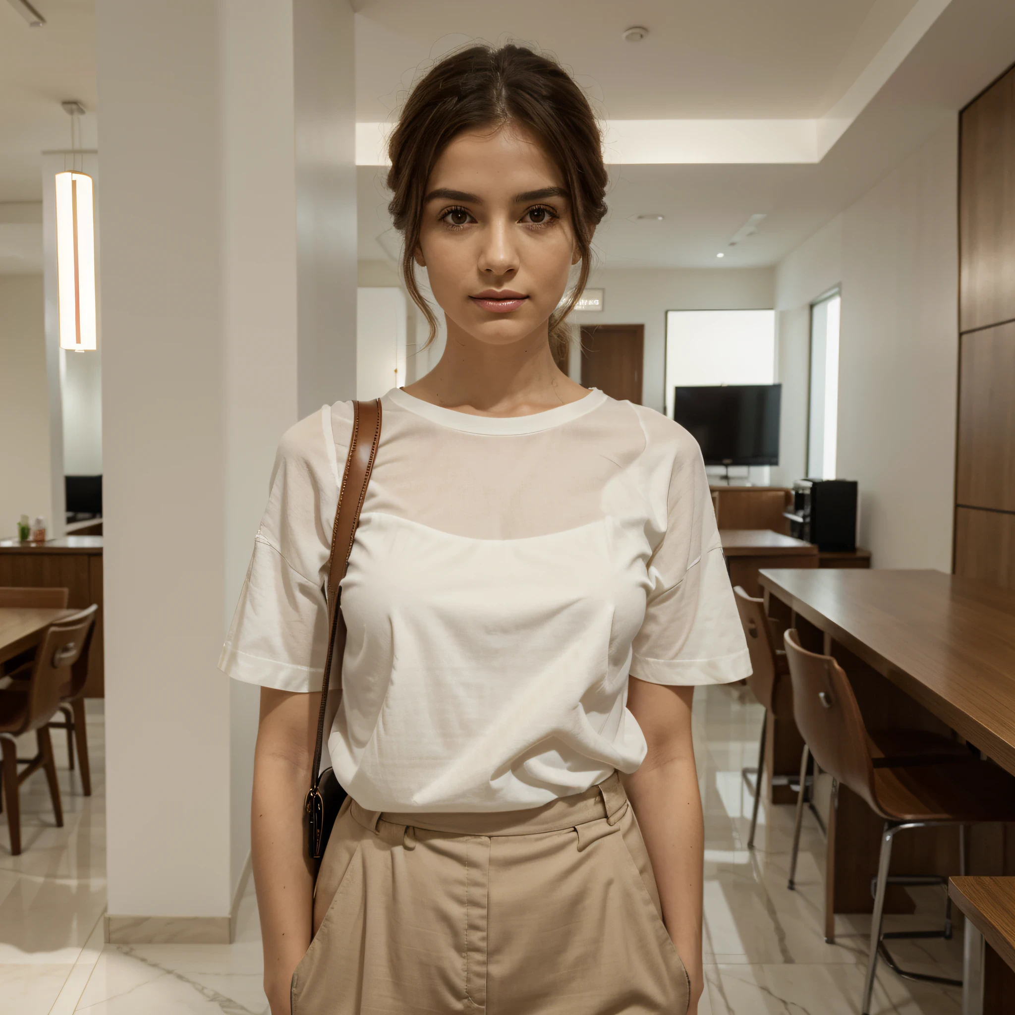 Ela num restaurante requintado, she stands out with her subtle elegance. Seus cabelos caem suavemente sobre os ombros, enquadrando um rosto luminoso e expressivo. Os olhos, profundos e vivos, She wears a delicate and well-behaved t-shirt that highlights her femininity., matching perfectly with the bag that is strapped to your shoulder. A bolsa, de design refinado, It's more than a functional accessory; It's an extension of your personal style. A luz ambiente destaca a textura da bolsa, revelando detalhes cuidadosamente trabalhados. A cor neutra, escolhida com discernimento, complementa o resto de seu traje. It's a touch of sophistication that doesn't go unnoticed..