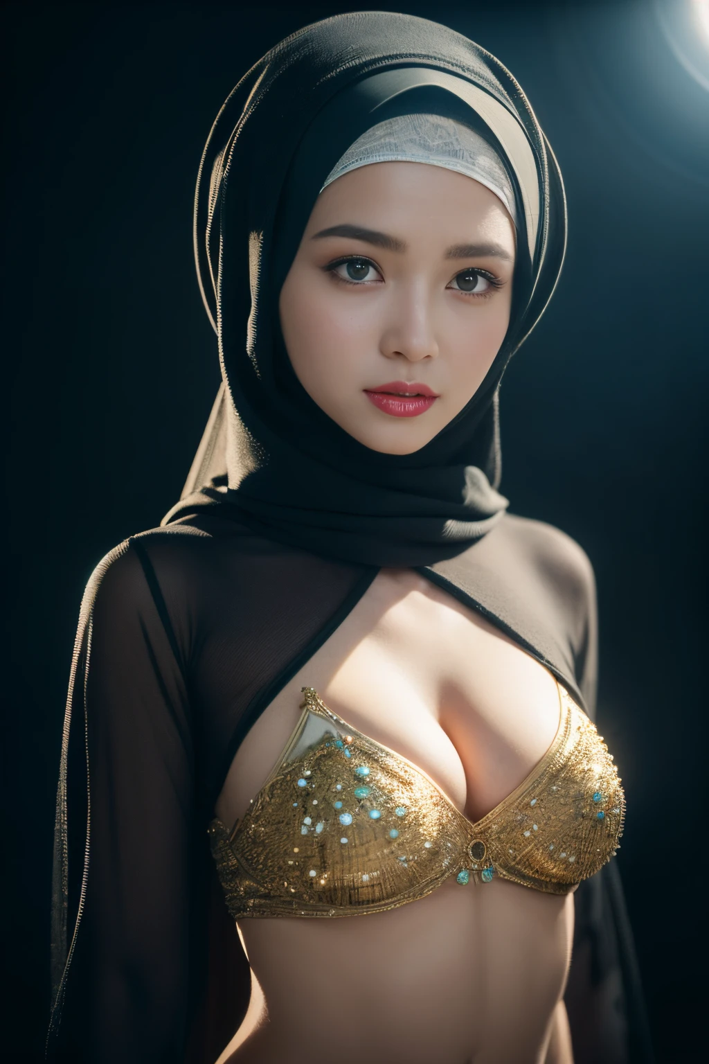 bellydancer, space, javanese, (((hijabi))), cleavage, reflection light, chiaroscuro, depth of field, cinematic lighting, ray tracing, Sony FE GM, UHD, super detail, masterpiece, textured skin, high details, best quality, award winning,3D,hdr(HighDynamicRange),Ray tracing,NVIDIA RTX,Hyper-Resolution,Unreal 5,Subsurface scattering、PBR Texture、post-proces、Anisotropy Filtering、depth of fields、maximum definition and sharpness、Many-Layer Textures、Albedo e mapas Speculares、Surface coloring、Accurate simulation octane rendering of light-material interactions、Two-colored light、largeaperture、Low ISO、White balance、the rule of thirds、8K raw data