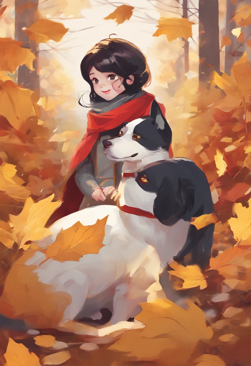 A girl turned into a snowman,Snow white all over,Gradually freeze,Yellow leaves,red neckchief,A smile appeared on the corner of his mouth,There is also a cute little dog next to it