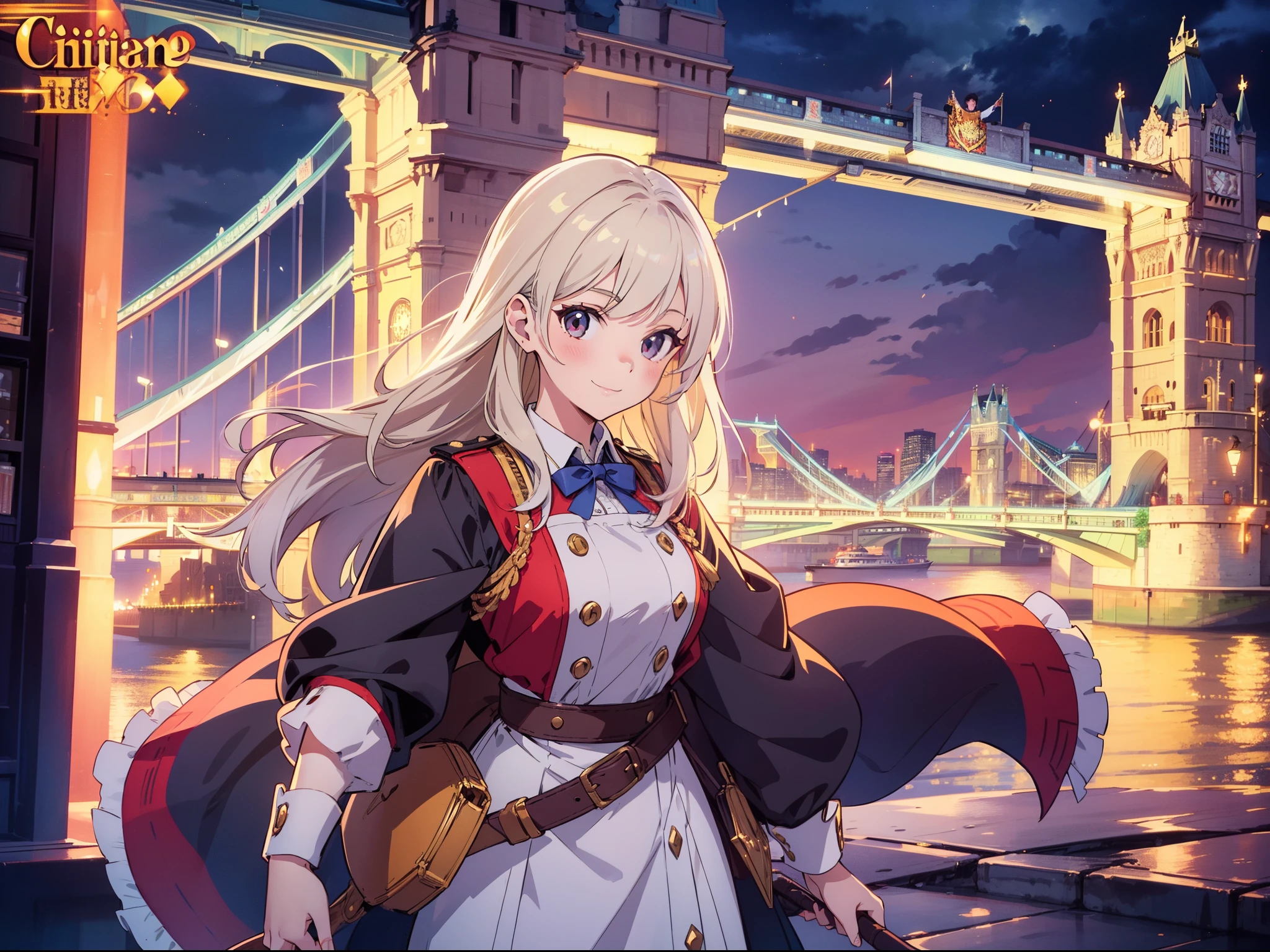 1 cute girl, Britain traditional costume ,standing ,cowboy shot , character focus, Tower Bridge in the distance ,smile, night, cinematic lighting , ((masterpiece)), ((best quality)), ((ultra-detailed)), (illustration), ((an extremely delicate and beautiful))