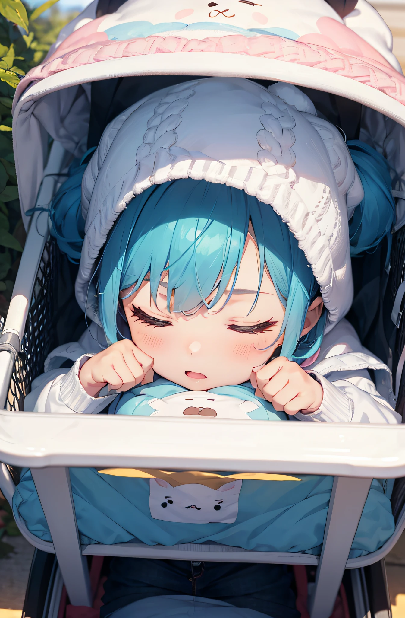 Baby girl in a pram(Supine,Eyes closed),Blue shorthair,Baby clothes(pink there),White knitted hat