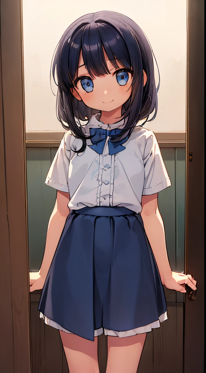 Beautiful illustration, Best Quality,(12-year-old girl:1.5)、(cute petit girl:1.6)、Lori、flat chest、(girl like a bisque doll、shortpants、Culotte shorts:1.5)、Gap between thigh and shorts、Clean thighs、Beautiful blue eyes, Cinematic lighting, ((straight haired))、(A bewildering smile:1.2)、Redness of the cheeks、