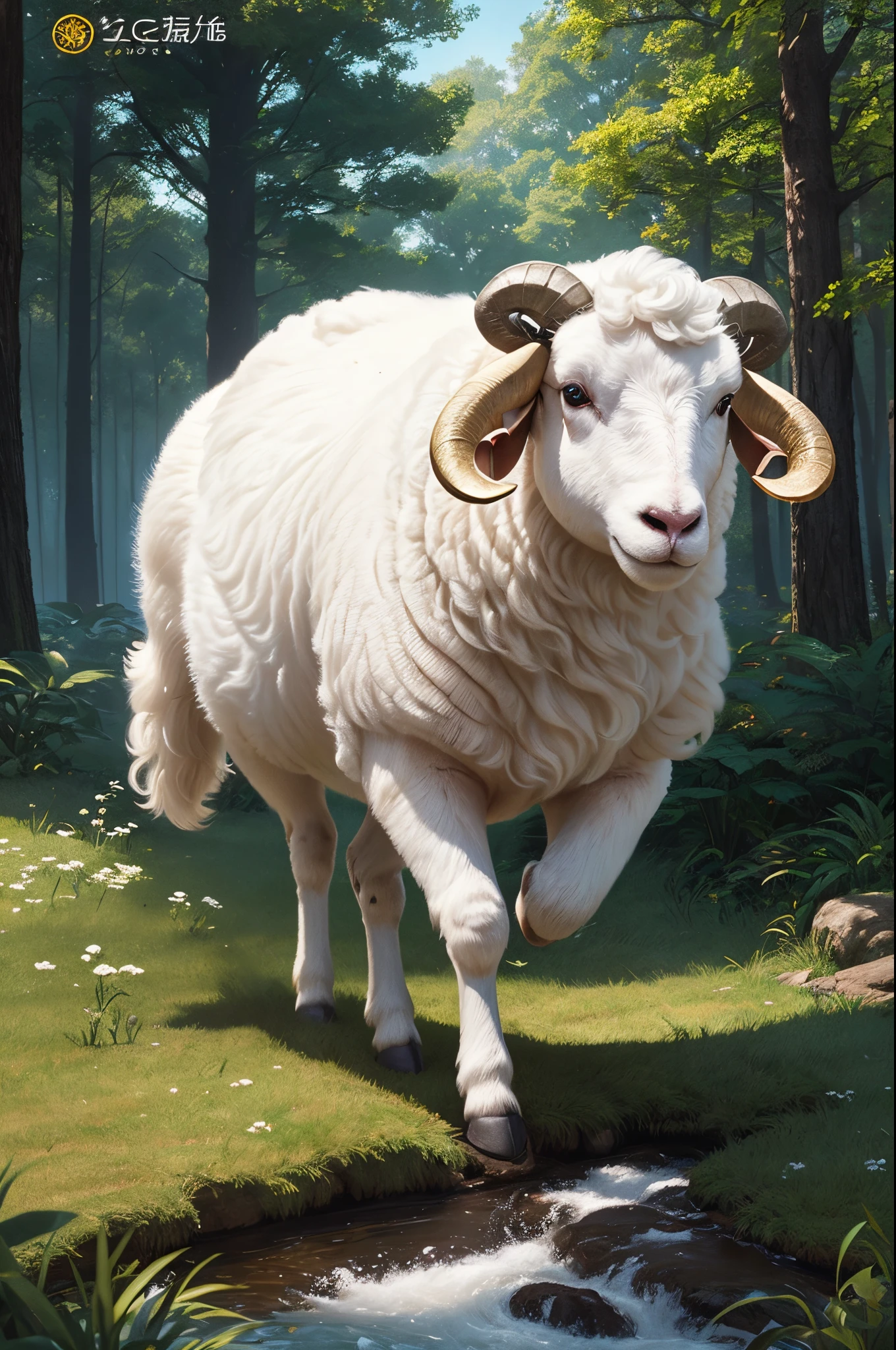 8K,1animal,single body,Stand on two legs,Rough costumes,Cute little surreal pure white sheep with golden eyes、pure white male sheep,Chibi、Adorable and fluffy,Logo Design、comic strip、cinematic lighting effect、A charming、3D Vector Art、Cute and quirky、Fantasyart、bokeh dof、handdraw、digitial painting、Soft lighting、Isometric style、4K resolution、photo realistic render、Highly detailed clean、Vector image、A photorealistic masterpiece、professional photograpy、Simple space background、Flat white background、 isometry、vivid vector,in woods,well-muscled,magnificent sheep's horn,