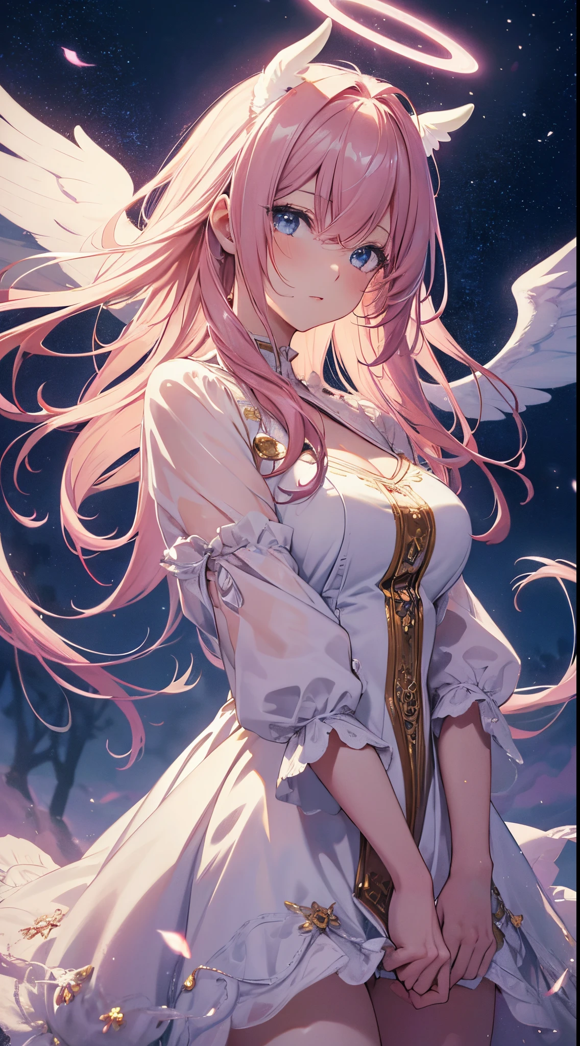 (best quality,4k,8k,highres,masterpiece:1.2),ultra-detailed,(realistic,photorealistic,photo-realistic:1.37),pink haired girl,angelic halo,+horn,luminous glow,surreal environment,vibrant colors,ethereal atmosphere,anime style,soft pastel tones,starry night background, dreamy mood, whimsical ambiance,loose flowing hair,wispy strands,graceful pose,delicate features