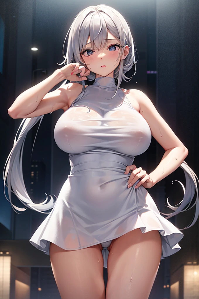 ultra - detailed, A high resolution, (actual, realistically 1.4),the street,best quality,8K,フォトリアリスティック,cute big breasts,Silver hair,pretty eyes,short minidress,(White low waist underwear),look at a camera,Smooth skin,Lift up the perineum,Protruding ,(Split),(Perfectly detailed hands),(Wet with)