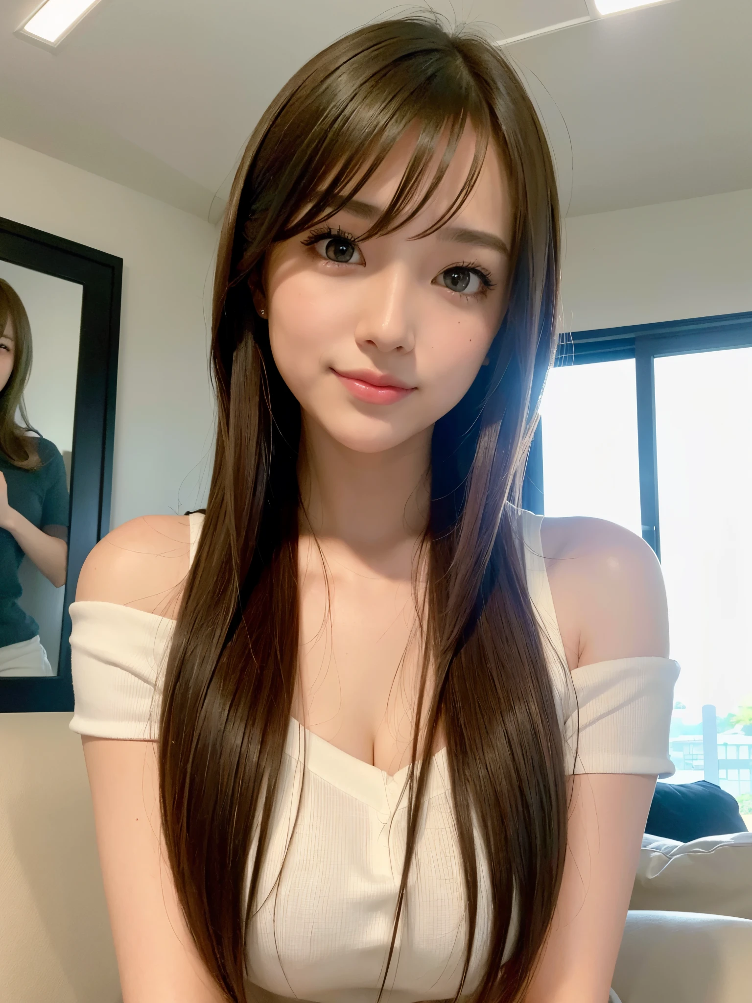 ((top-quality、8K、masterpiece:1.3))、1girl in、Slim Abs Beauty:1.3、(Hairstyles Brown Hair Shortcuts、Colossal tits:1.2)、doress:1.1、Super fine face、Delicat eyes、二重まぶた、A smile、Home、Raw photo、Tank Tops、tits out、Sharp Eyebrows、japanes、cleavage of the breast、Slender beauty、Colossal tits、Sex slaves