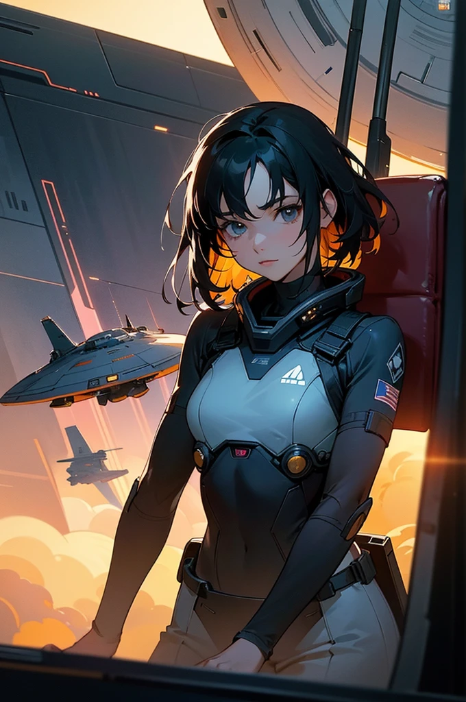 Imagine the sitting in the Captains chair on the bridge of a starship, the 10 members of the flight crew manning their positions looking at you, while you barks orders to maneuver and fire. through the main viewport that dominates the image, you can see the battle in full swing.. alarms are going off as ships trade shots. shields are holding but for how long. award winning cinematography in the style of the Expanse, ((highly detailed)) ((sci-fi setting.))