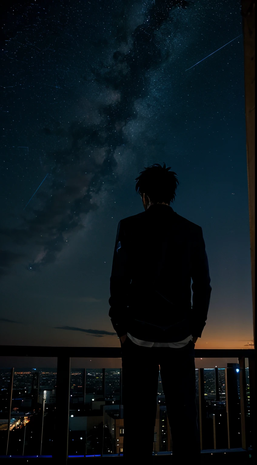 Anime cartoon image of a man standing and looking at the stars at night. Beautiful.