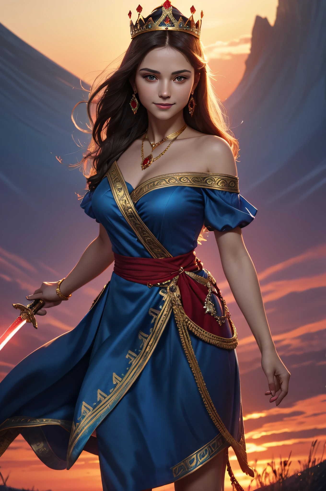 russian woman, Magic, beautiful blue dress with gold patterns and red rubies, full face, a closeup of a, Hi-Def, Photo from knee level, while holding a sword, radiance , against the backdrop of a scarlet sunset across the horizon, There is a crown on his head, Smiling