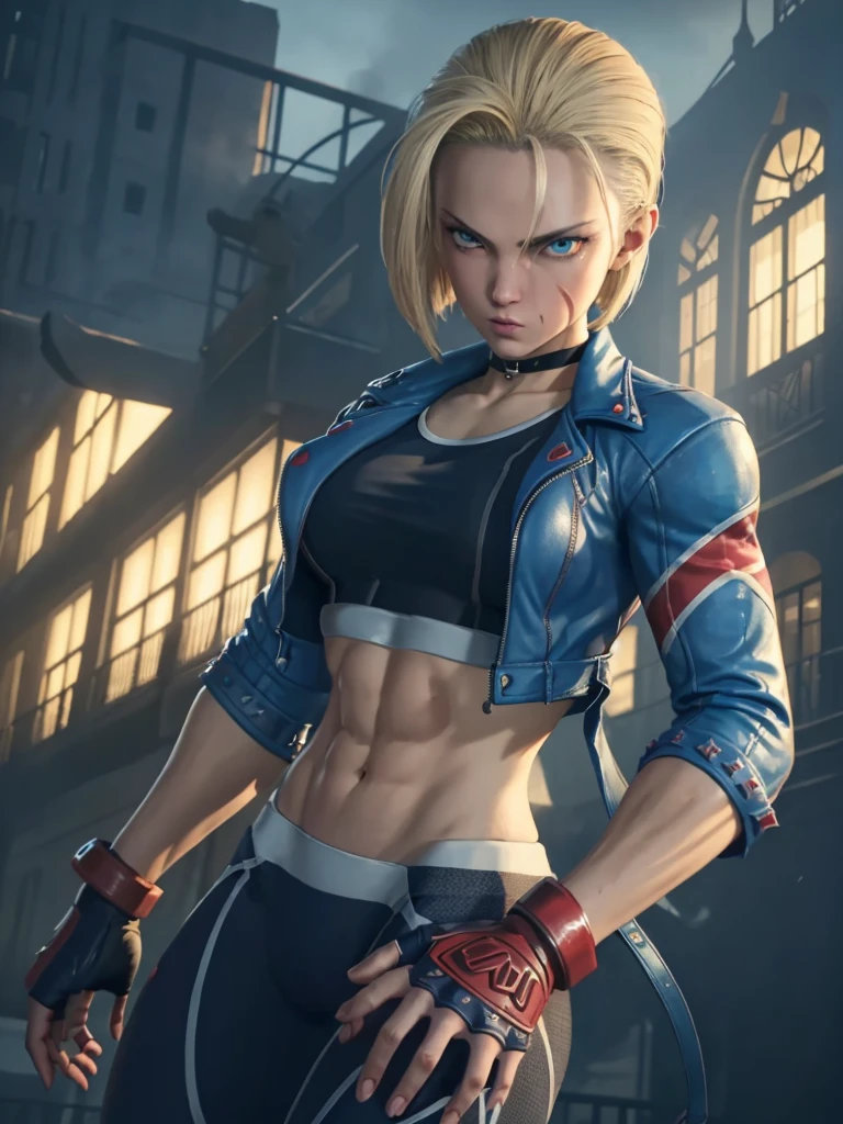 Android 18 de cammy"(requintadamente detalhado CG unidade 8k papel de parede, qualidade de obra-prima com realismo impressionante), (best ilumination, Melhor sombra), (best quality), (elegant and demonic style:1.2), (Closeup:1) Significado moderno de anime. Angled view, heroic pose, Closeup full length portrait medium shot of cammy, Navy blue sports bra, jaqueta aberta azul claro, navy blue yoga pants, luvas vermelhas, abdominal muscle, Muscles, (olhos olhando para o espectador:1.0), Abs, efeito de desfoque de profundidade de campo, Noite, zoom total, action portrait, fotorrealista. Cinematic lighting, altamente detalhado. best quality, 4k, Better hand, anatomia perfeita, inclinando-se para a frente, effects of previous shortening, (inclinando-se para a frente:1) (cute coy flirt sexy expression), prior shortening effect, (olhos penetrantes:0.8), cercado por uma atmosfera sinistra e escura, accentuated by dramatic and striking lighting, imbued with a sense of surreal fantasy", (maduro:0.5) (in the city of London in the afternoon:1.5) (soio:1.5) (cara muito bonito:1.3) (pose de agente secreto:1)