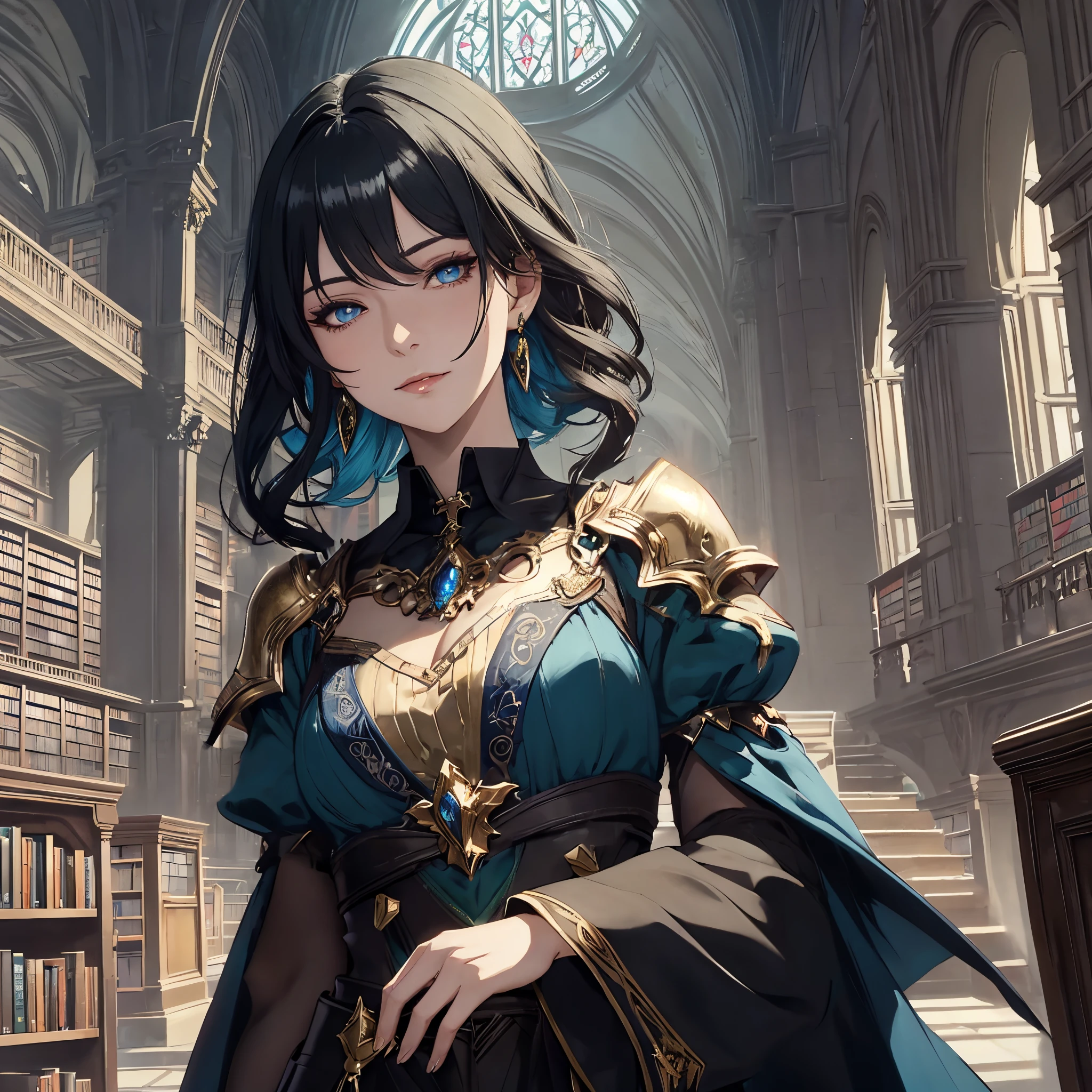 masterpiece, best quality, 1woman adult, female focus, solo, dark black greenish hair, vibrant blue eyes, looking at viewer, closed mouth, Fantasy aesthetics, fantasy earring, Highly detailed, shadowverse style, library background, in the library