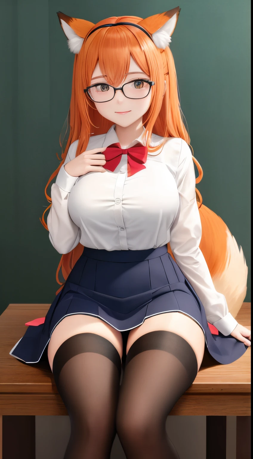 anime girl, 1 person, orange hair, glasses, Crown,maid,fox ear, Fox's tail, front view, big breasts, tights, sitting on desk,exposed chest, underwear, maid suit, shy, blushing, lifting skirt , bright sky, sitting cross-legged, high heels,exposed chest, underwear, middle-aged women, blushing, lifting skirt, showing off underwear, (full HD 4K+ image