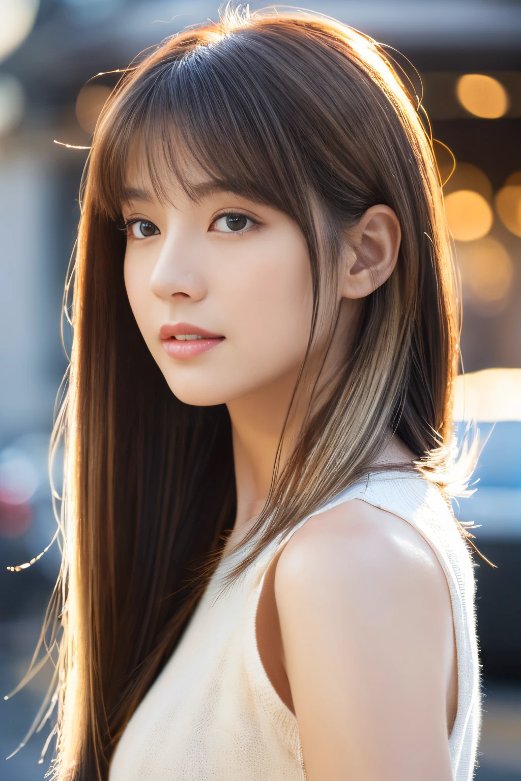 ((top-quality、in 8K、masterpiece:1.3))、foco nítido:1.2、Beautiful woman perfect body:1.4、Slim abs:1.2、((Longhaire、straight haired:1.2))、(pale yellow knit)、(Sateen、a street:1.2)、wetbody:1.5、Three-dimensional texture、A detailed eye、Brown hair、Very shiny hair、posterior view、Hair quality improvement、Beautiful eyes、bangss