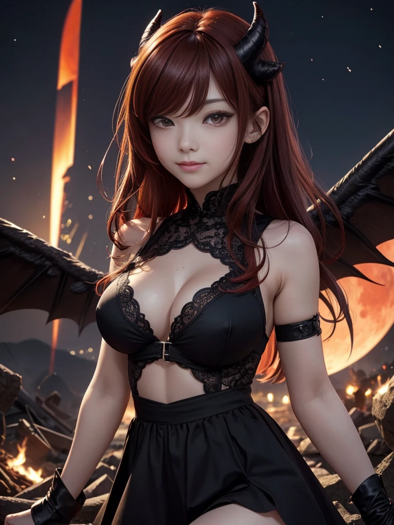 ((Top image quality、8k、masterpiece:1.3))、full bodyesbian、Focus sharpness:1.2、Beauty with outstanding style:1.4、Slender abs:1.2、((Brown hair、huge tit:1.2))、Highly detailed facial and skin texture、A detailed eye、二重まぶた、、sexy、Show armpits、Highly detailed facial and skin texture、A detailed eye、二重まぶた、((Hanging eyes))、((red eyes))、demonic horns、tusk、(demonic wings)、A dark-haired、Semi-long、((heavy wind))、((Unkempt hair))、(Red hair ornament)、((Invincible smile))、((from below looking up))、Black dress、a miniskirt、(((bloods)))、deep in the night、moonlights、((crescent))、((Red Moon))、(((shadowy)))、(((鎖骨)))、kawaii、Abandoned castle、rubble