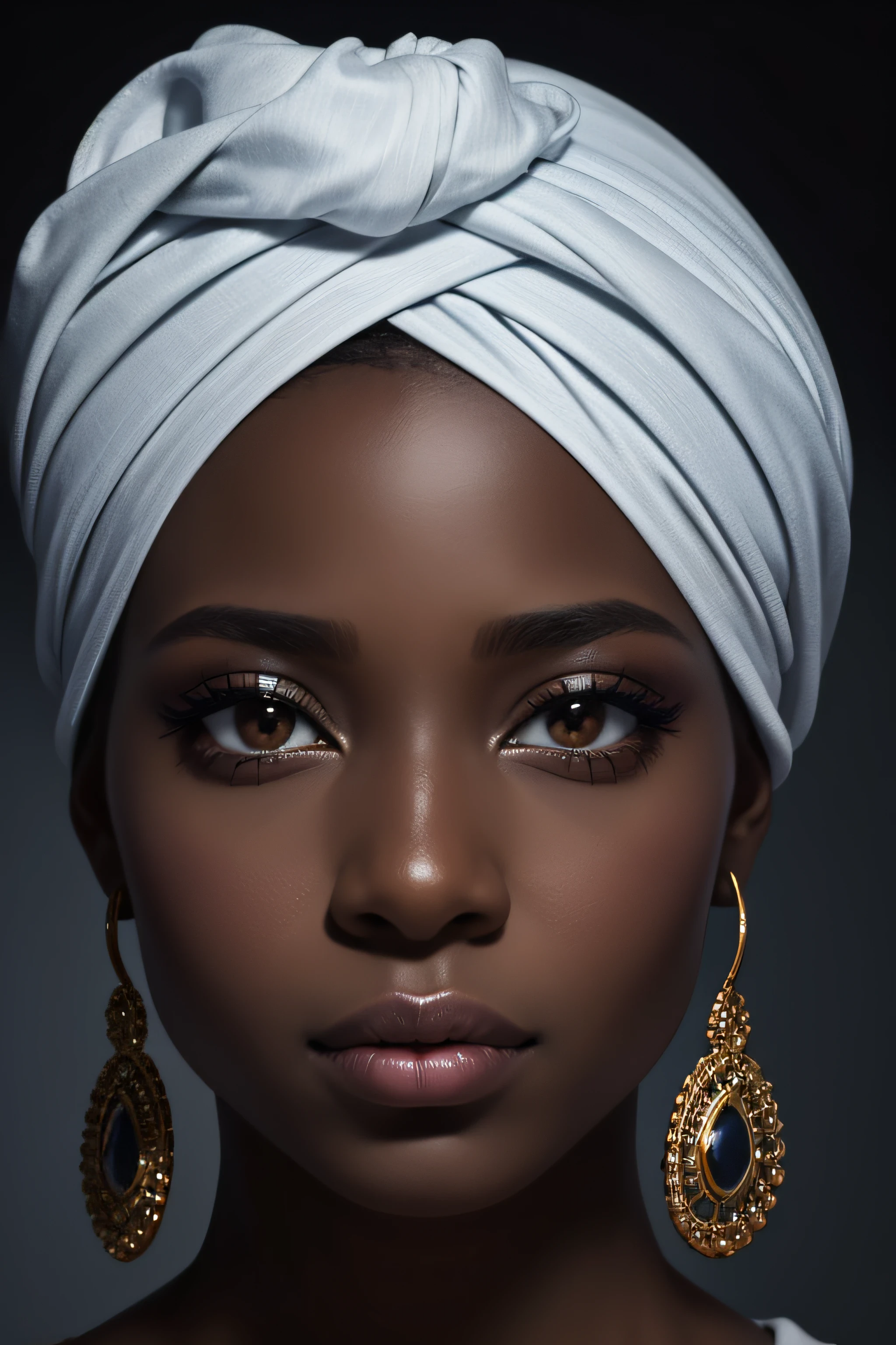 Portrait of an African woman with a white turban, high definition artwork, piercing, kind eyes, well-defined face