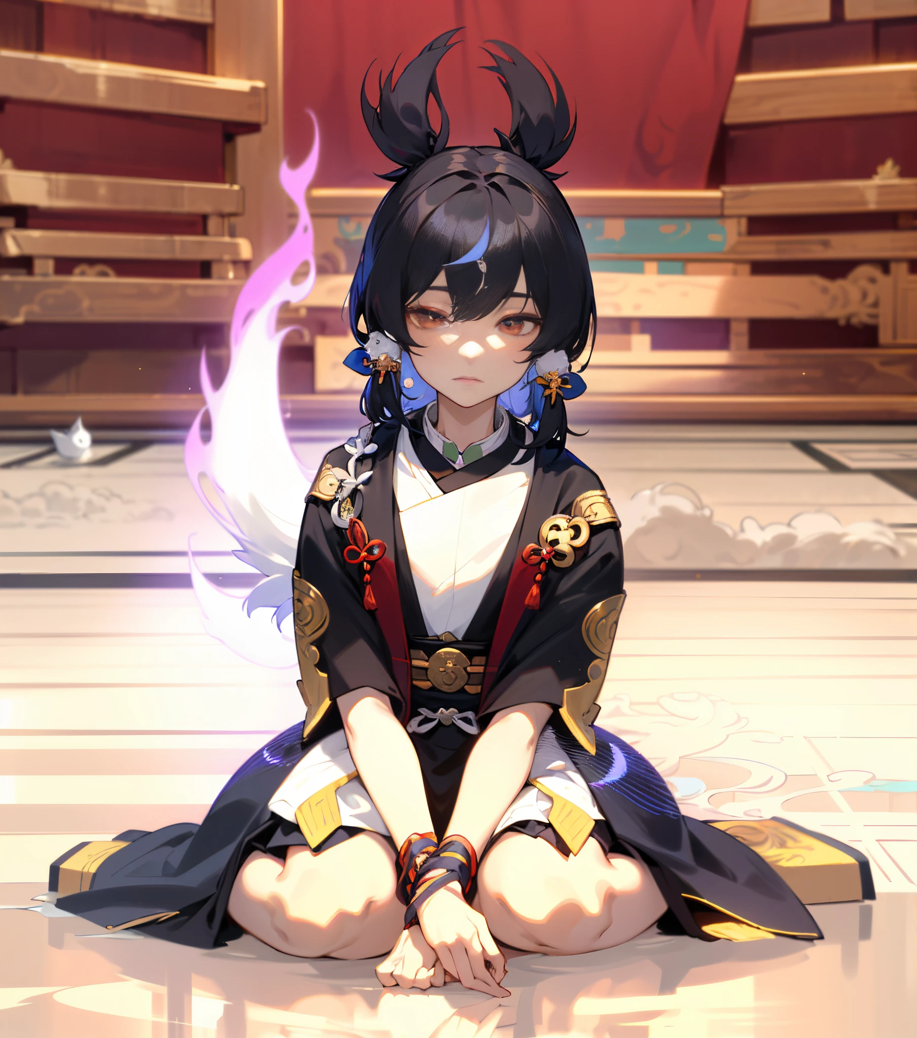 a close up of a person sitting on a floor with a cat, onmyoji, an exhausted deity, black hime cut hair, taoist priest, sitting pose, black - haired mage, full body xianxia, sitting on obsidian throne, cotton cloud mage robes, meditating pose, spellcasting pose, seated in royal ease, ((wearing aristocrat robe))