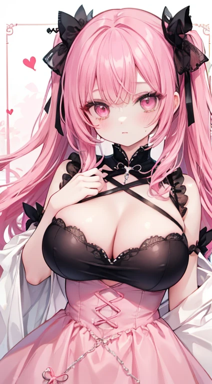 1 woman、爆乳、cleavage of the breast、sparkling pink hair、pink jewel eyes、ta clothes、(top-quality)、(The upper part of the body)、