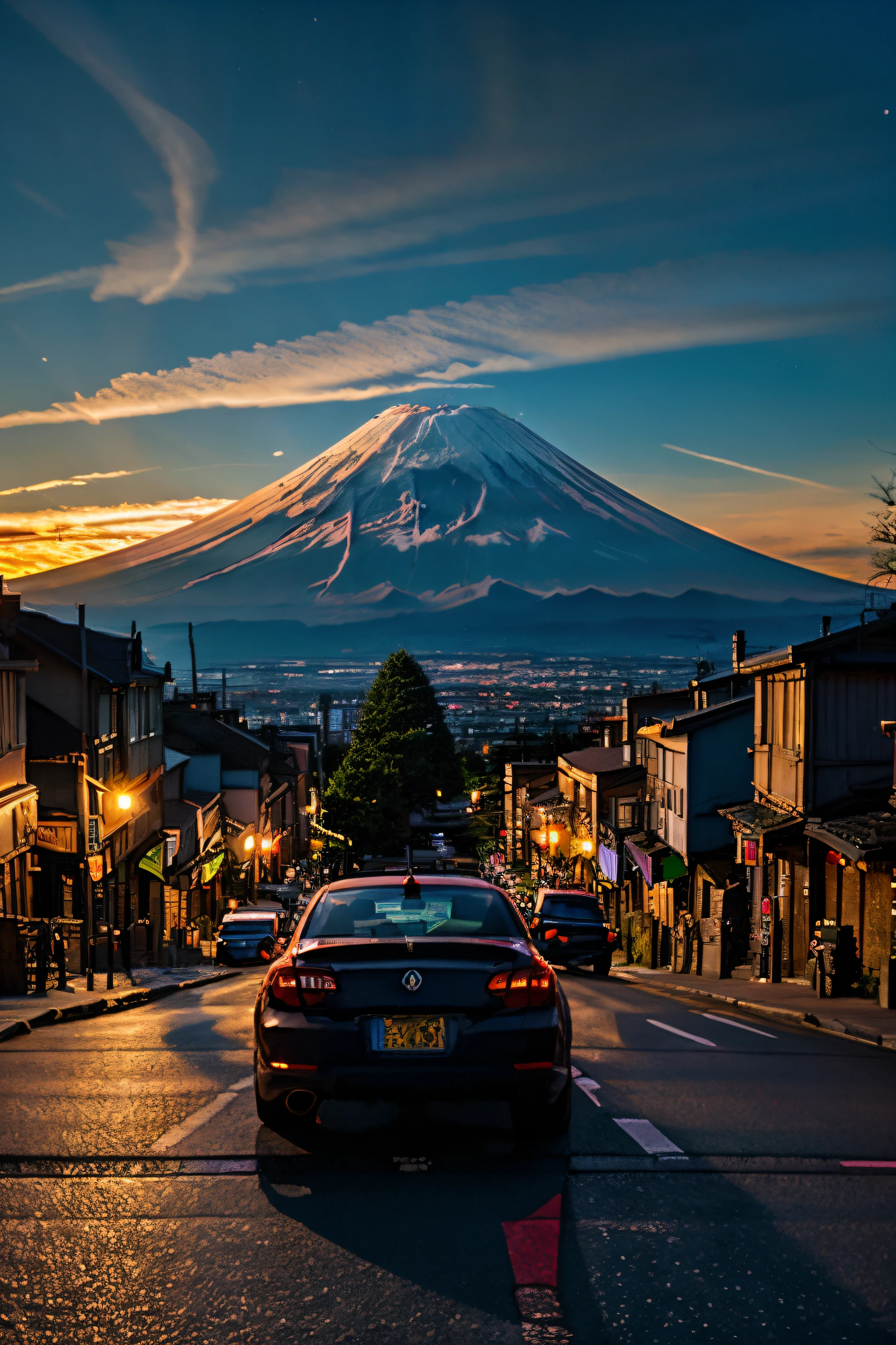 Cinematic, Scenic spot one, Mt fuji、the city street,eventide,twilight rays, The sky is red, bokeh, like a dream, Surreal, realistically,,high quality desktop wallpaper,,amazing scenery, Landscape wallpaper, , amazing scenery,, high-quality wallpaper,Close-up view of the city