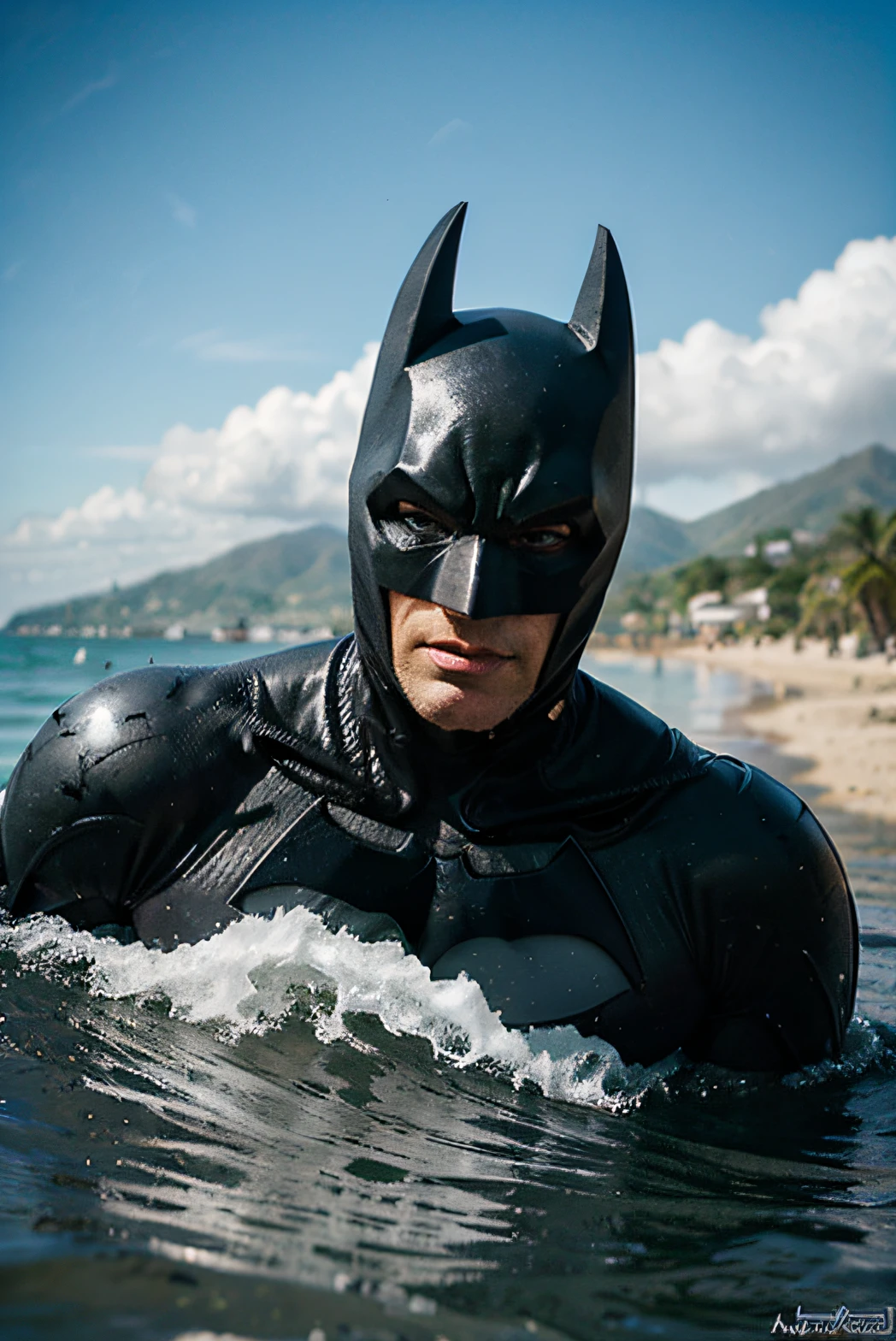 Adam West, como batman de los 70, surfeando en el mar.