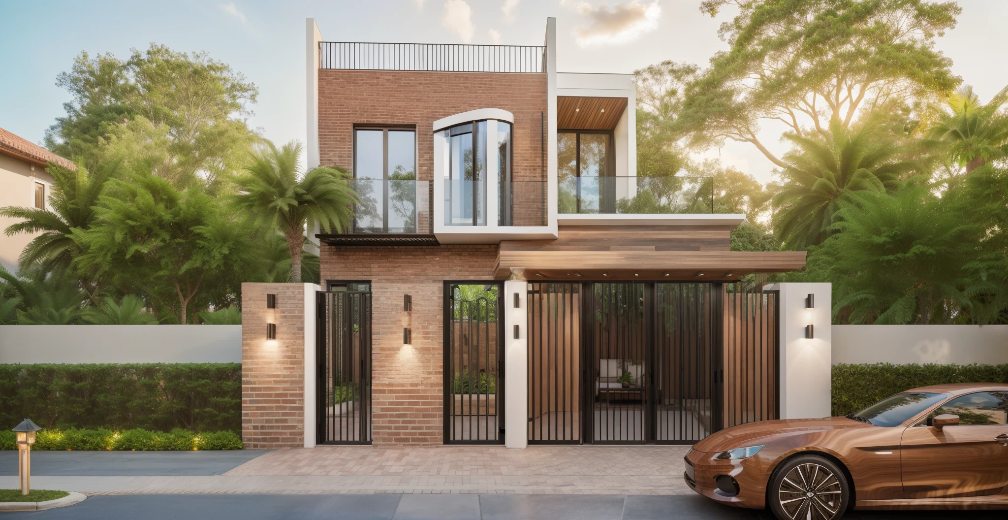 RAW photo,Masterpiece, high quality, best quality, authentic, super detail, townhouse, modern house,( brick wall:1.2) , glass windows, (wooden ceiling:1.1), railing glass, gate, fence, (curve:1.1),tropical trees, day, beautifu sky, (high detailed :1.2), 8k uhd, dslr, soft lighting, high quality, film grain, Fujifilm XT3