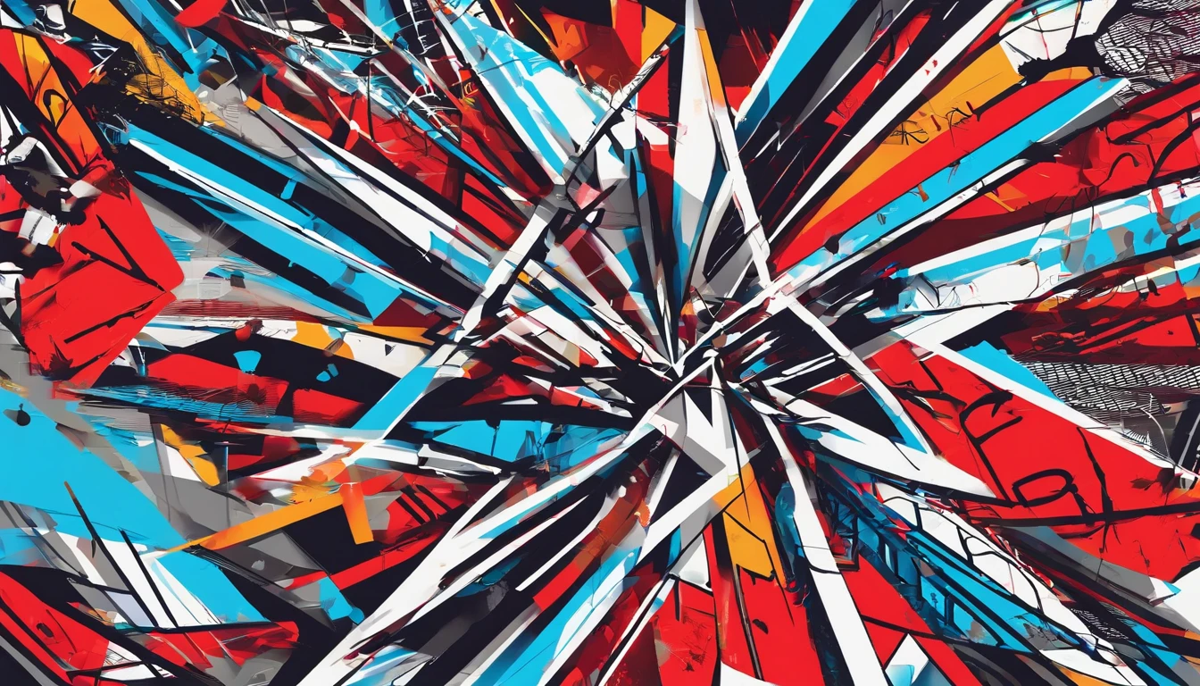 [Amazing Cleavage | astounding | Exquisite ]radial lines，entangled lines。Pure lines，Graphic design，scribbles， red and blue blocks ，（Best quality at best， tmasterpiece），（Lines are clear but complex），Ultra-clear image quality，32K，retinas, Best quality at best。