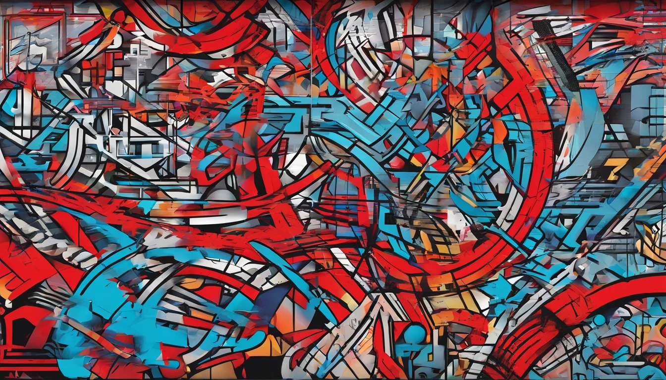 [Amazing Cleavage | astounding | Exquisite ]radial lines，entangled lines。Pure lines，Graphic design，scribbles， red and blue blocks ，（Best quality at best， tmasterpiece），（Lines are clear but complex），Ultra-clear image quality，32K，retinas, Best quality at best。