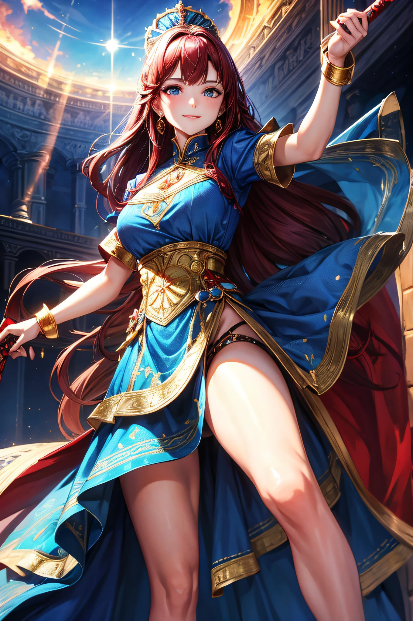 russian woman, Magic, beautiful blue dress with gold patterns and red rubies, full face, a closeup of a, Hi-Def, Photo from knee level, while holding a sword, radiance , against the backdrop of a scarlet sunset over the horizon, There is a crown on his head, Smiling