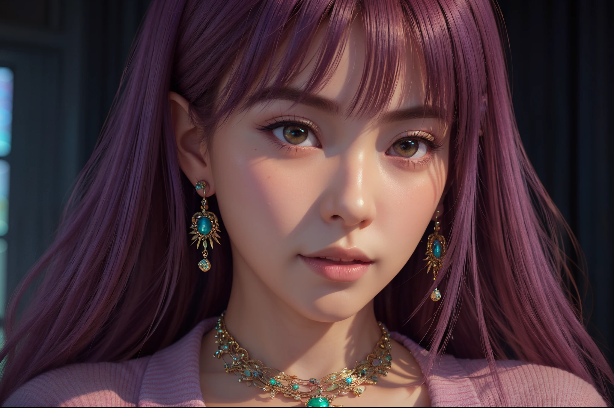araffe woman with purple hair and a necklace and earrings, 8k portrait render, soft portrait shot 8 k, realistic artstyle, beautiful elf with violet skin, photorealistic anime girl render, photorealistic artstyle, realistic fantasy render, kawaii realistic portrait, artwork in the style of guweiz, 8k high quality detailed art