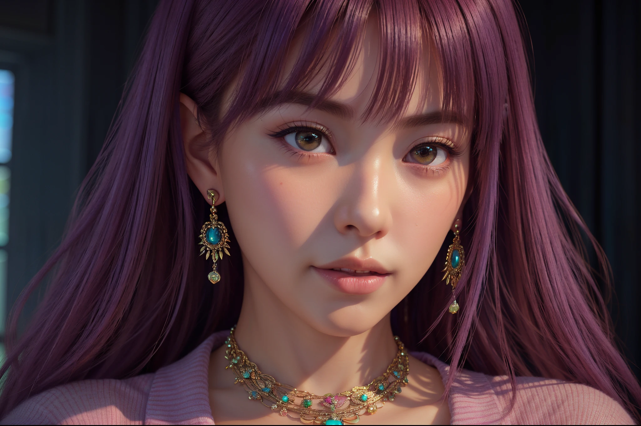 araffe woman with purple hair and a necklace and earrings, 8k portrait render, soft portrait shot 8 k, realistic artstyle, beautiful elf with violet skin, photorealistic anime girl render, photorealistic artstyle, realistic fantasy render, kawaii realistic portrait, artwork in the style of guweiz, 8k high quality detailed art