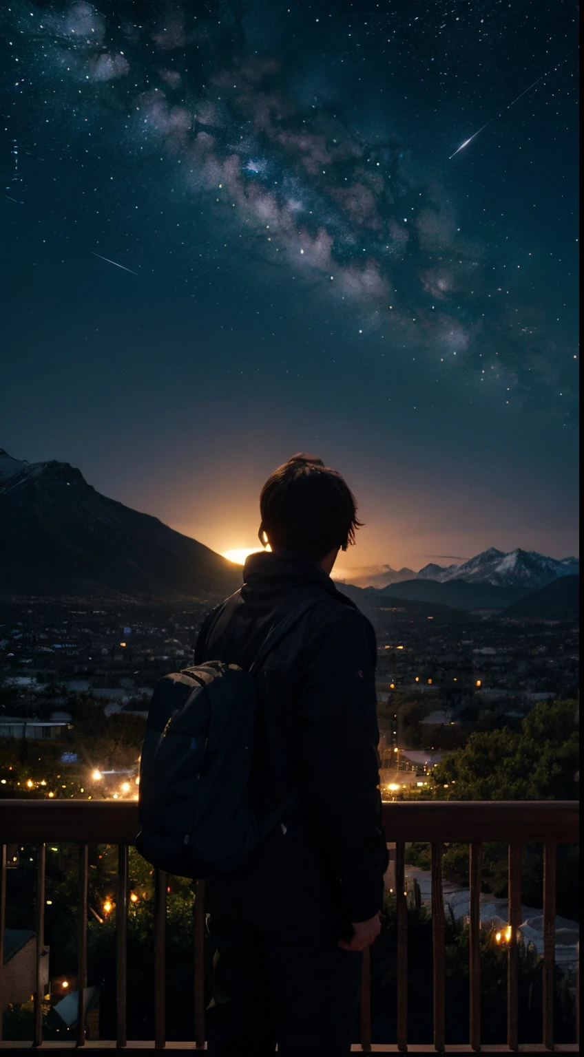 Anime cartoon image of a man standing and seeing the night stars sparkling and the mountains glowing brightly from the light of various colorful stars.