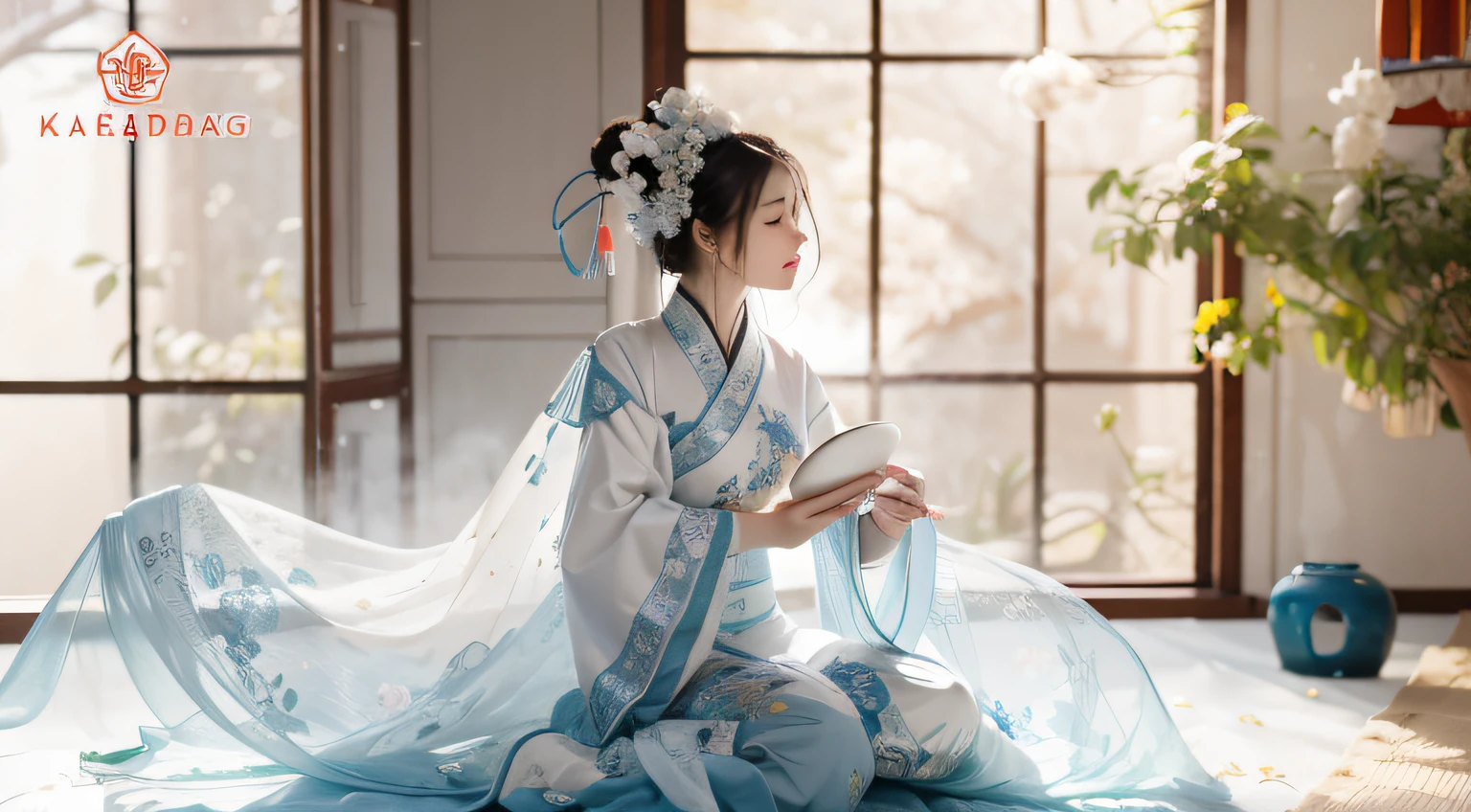 Chinese Ming Dynasty beauty indoor close-up，White Chinese Ming Dynasty Costume，Indoor aromatherapy scene