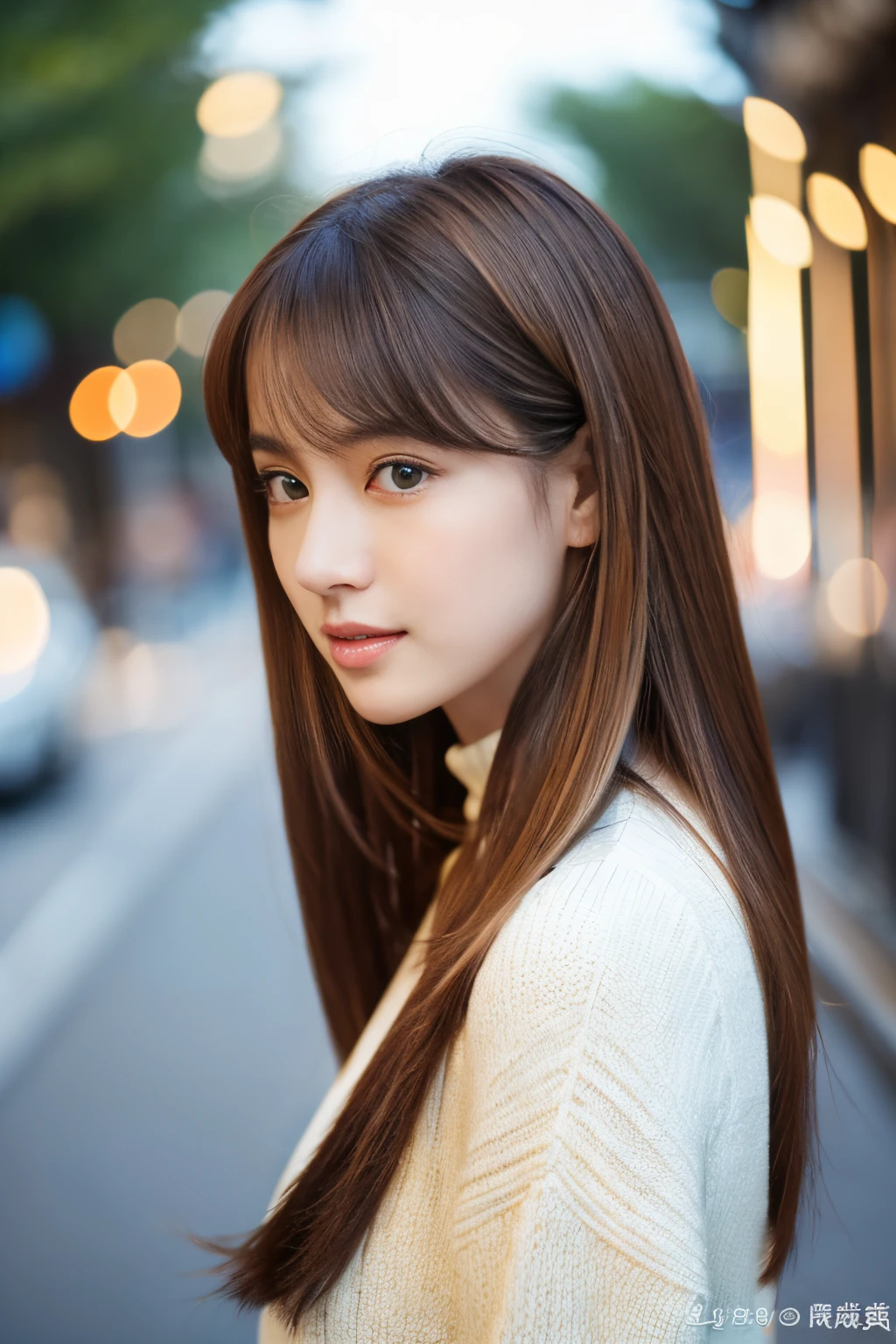 ((top-quality、in 8K、masterpiece:1.3))、foco nítido:1.2、Beautiful woman perfect body:1.4、Slim abs:1.2、((Longhaire、straight haired:1.2))、(pale yellow long sleeve knit)、(Sateen、a street:1.2)、wetbody:1.5、Three-dimensional texture、A detailed eye、Brown hair、Very shiny hair、posterior view、Hair quality improvement、Beautiful eyes、bangss