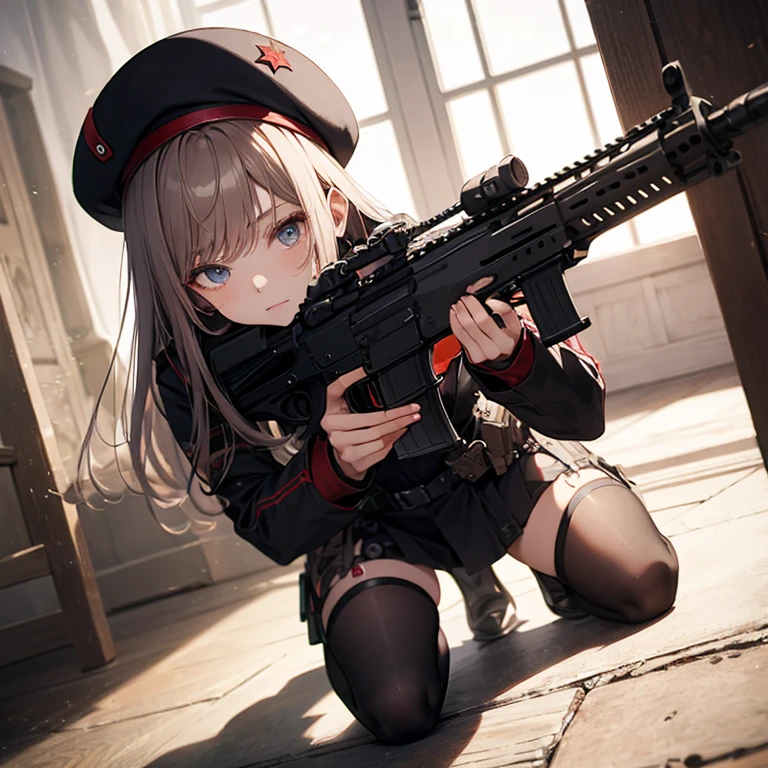 a beauty girl　Black beret　Hold up a rifle and shoot　Sharp eyes　Standing on the knees