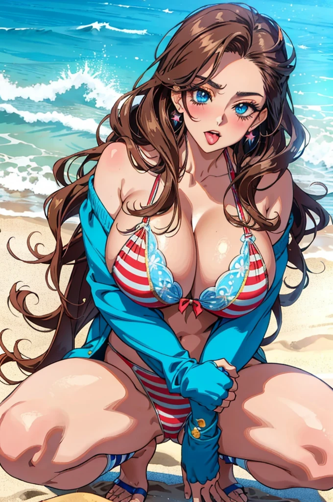"(masterpiece:1.1), best quality, (NSFW:1.1),
1girl, gyaru, (80s anime style:1.3), (eyelashes:1.5),
(intricate high detailed body:1.2),
brown hair,
(hair slicked back:1.2), (long hair, straight hair:1.1),
blue eyes, (red lip stick, eye shadow:1.1),
( body:1.2), (gigantic breasts:1. 5), (huge cleavage:1.5),
(expressionless:1.2), (open mouth, tongue out, blush:1.2),
(stars and stripes bikini, micro bikini:1.1),
long gloves, earrings, streaked hair,
(squatting, spread legs:1.1),
(cowboy shot:1.1),
(daytime, beach:1.2)"