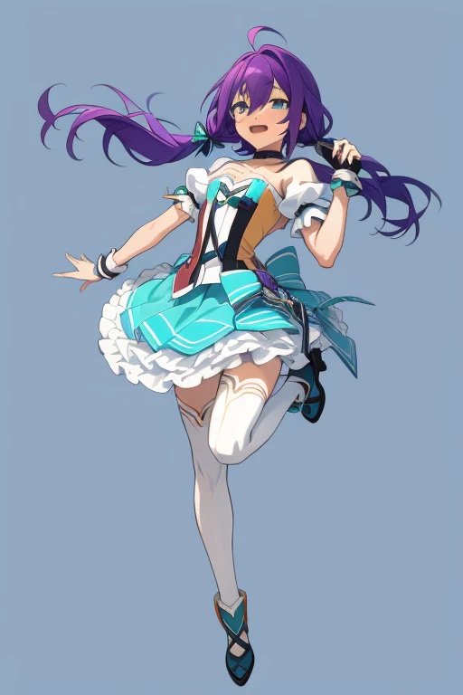 long hair, mole under mouth, purple hair, twintails, hair between eyes, aqua eyes, sharp teeth, ahoge, blush, smile, masterpiece, best quality,shiny,chromatic aberration abuse,pastel color,1girl,solo,open mouth, strapless dress,bow, purple dress,white thighhighs, high heels, blue ribbon, colorful