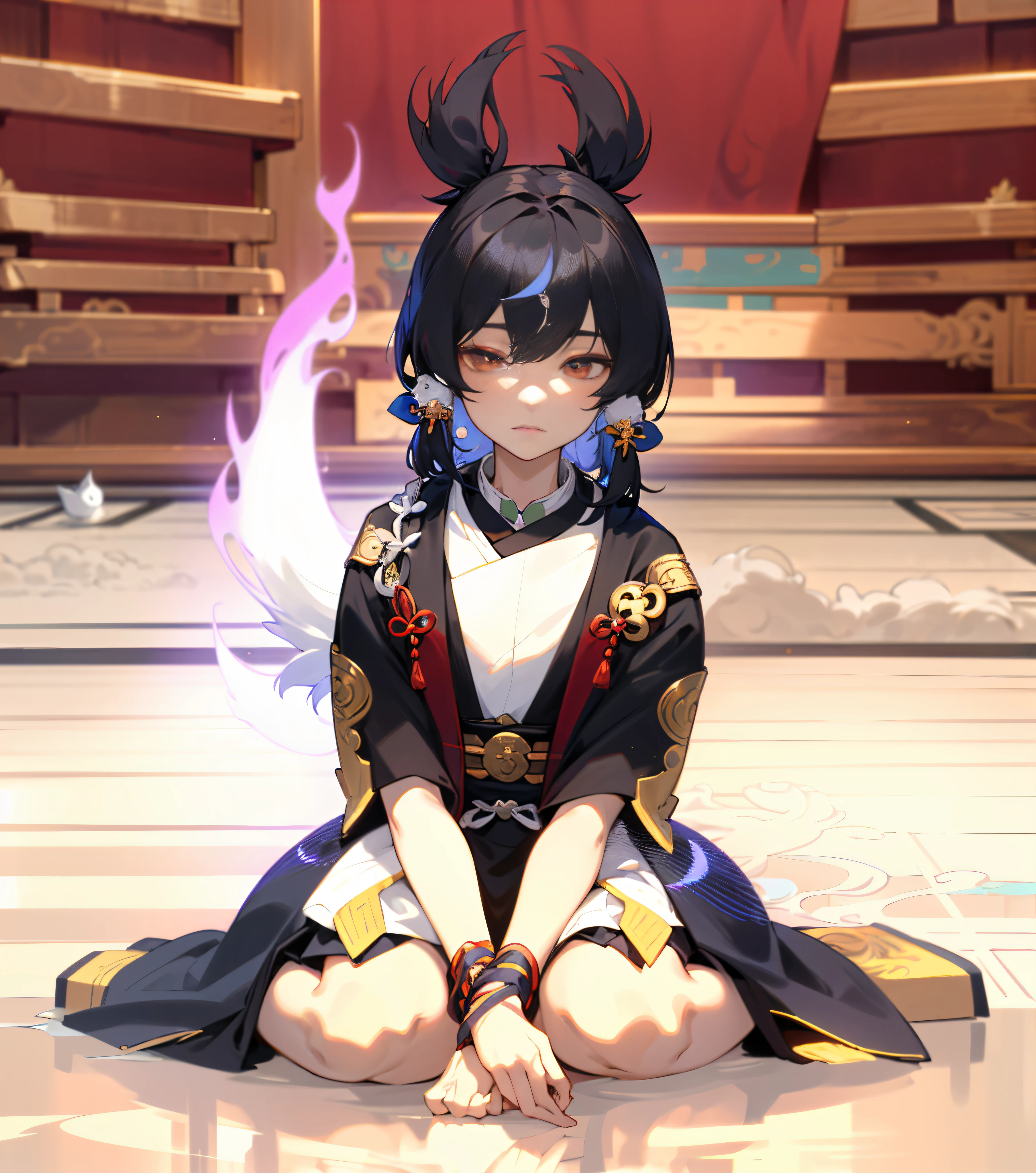 a close up of a person sitting on a floor with a cat, onmyoji, an exhausted deity, black hime cut hair, taoist priest, sitting pose, black - haired mage, full body xianxia, sitting on obsidian throne, cotton cloud mage robes, meditating pose, spellcasting pose, seated in royal ease, ((wearing aristocrat robe))