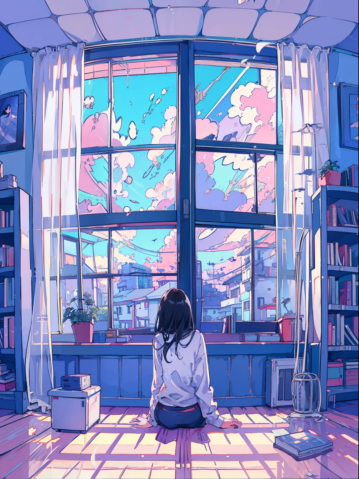 (1girl in), 20yr old, Detailed details, A dark-haired, length hair, (White underwear), White shirt, In front of a large window, (Stand facing the window), plays the guitar, posterior view, inside in room, Hardwood flooring, bookcase, houseplant, Big clouds outside the window, portlate,Evening glow