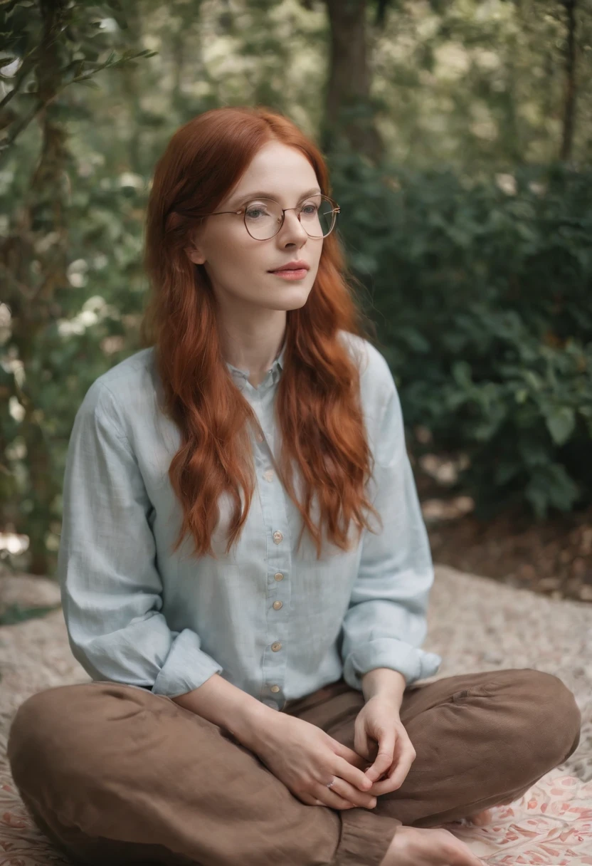 A photo of a person sitting on a meditation cushion in a peaceful garden.,original,red hair, red beard, brown eyes, pale skin, square-framed glasses, button-up shirts, dress slacks, Scandinavian, thin, slender, tall