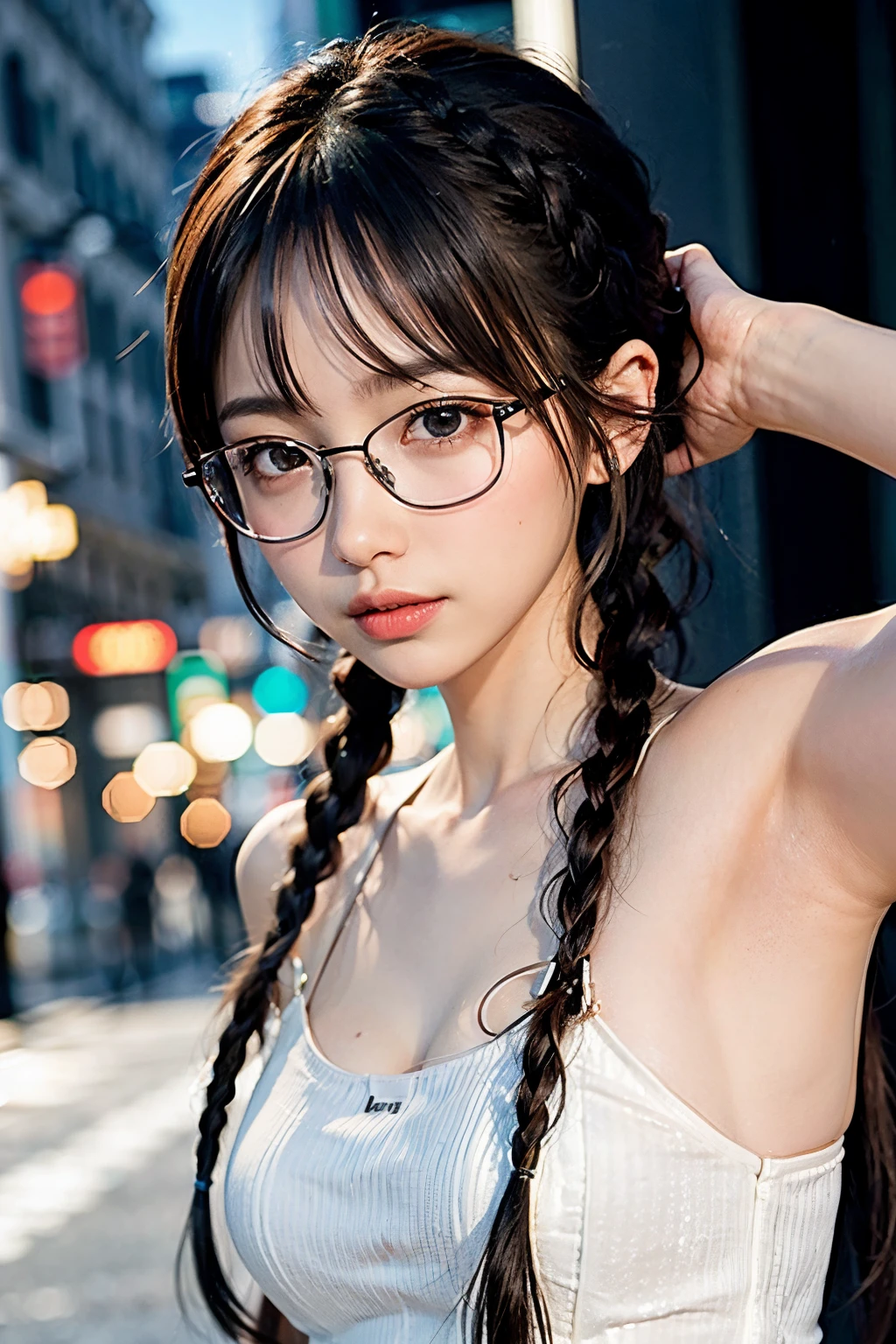 fullnude、twintails hairstyle、evening、the setting sun、Black-rimmed glasses, Black short hair, Japanese high school girl, Oblique eyebrows, Single eyelid , Sad face, Full body photo,Naked、fullnude、not any dressed、Reflecting the whole body、In the city of Shibuya、Wear socks、Hide with ribbon、looking distantly、Evening glow、Face illuminated by the setting sun、a gloomy、hair twin tail nude、nude、