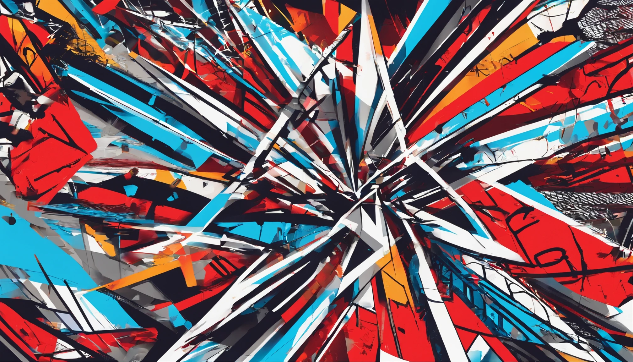 [Amazing Cleavage | astounding | Exquisite ]radial lines，entangled lines。Pure lines，Graphic design，scribbles， red and blue blocks ，（Best quality at best， tmasterpiece），（Lines are clear but complex），Ultra-clear image quality，32K，retinas, Best quality at best。