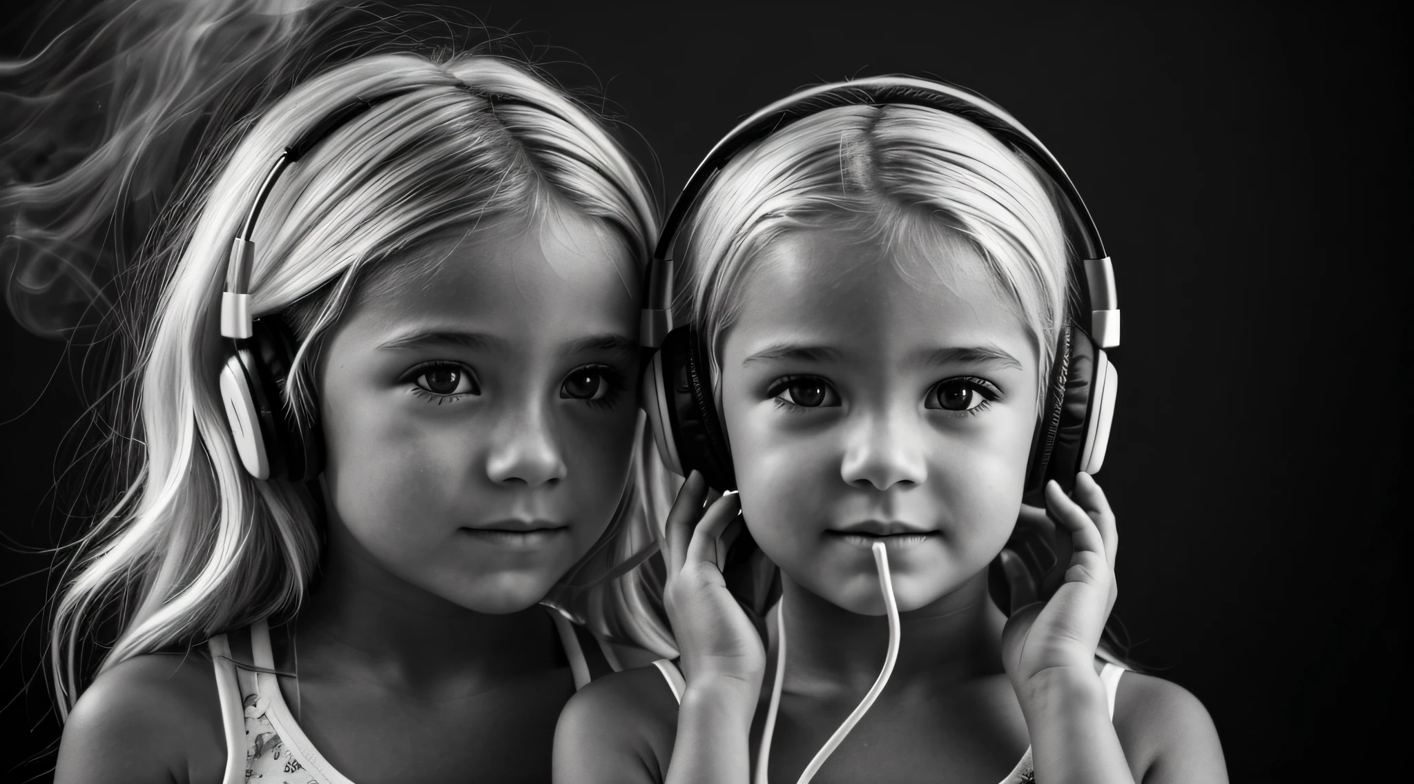 uma foto em black and white de uma CHILD blonde FIREHEAD with headphones, ANGEL'S WINGS, with hands on face.