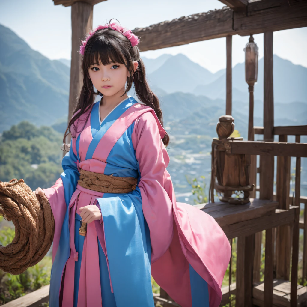 Light blue and pink color scheme，Sexy girl ，tiny body，Petite,tmasterpiece, Best quality at best,1个Giant Breast Girl, red bowtie, the bow, long whitr hair, hair pin, Ainu clothing, Alone, shairband, The bird, brunette color hair, Fingerless gloves, short- sleeved, mitts, Sash, trouser, By bangs, red hairband, arma, boobgasm, Brown eyes, white pantie, komono, nakoruru, light smile, offcial art, Good composition, official pose, Detailed portrait, sportrait, bokeh, Clouds and mountains background, samurais, onmyoji style, A high resolution, Dramatic lights and shadows, sunflare, blurryforeground