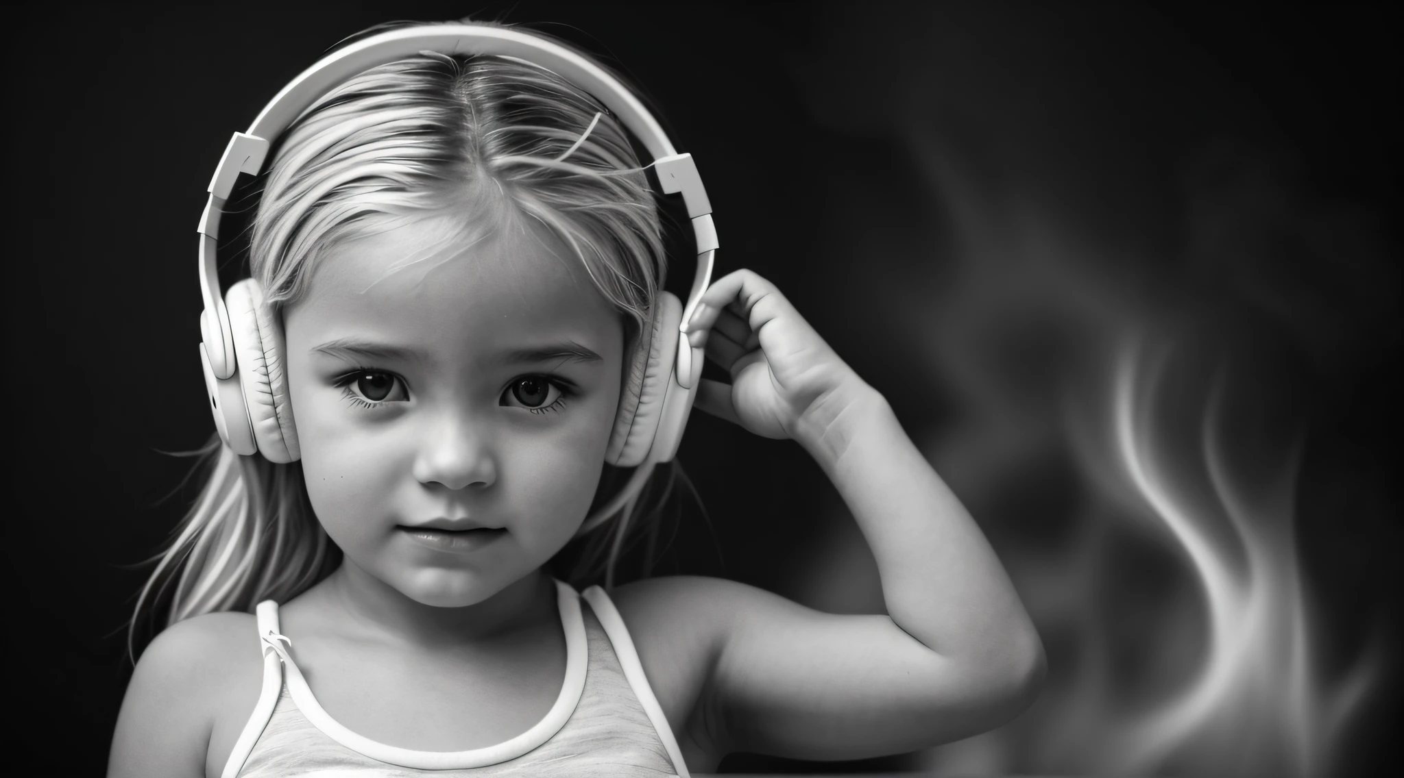 foto em preto e branco de uma CHILD blonde with headphones,, menina usando fones de ouvido, Listening to music, vibing to music, Usando fones de ouvido, Fones de ouvido ligados, com fones de ouvido, music in the air, listening to godly music, foto de retrato em close-up, usando fones de ouvido pretos, fotografia retrato 4K, headphones on head, 4k Greyscale HD fotografia, alexa grace, jamming to music