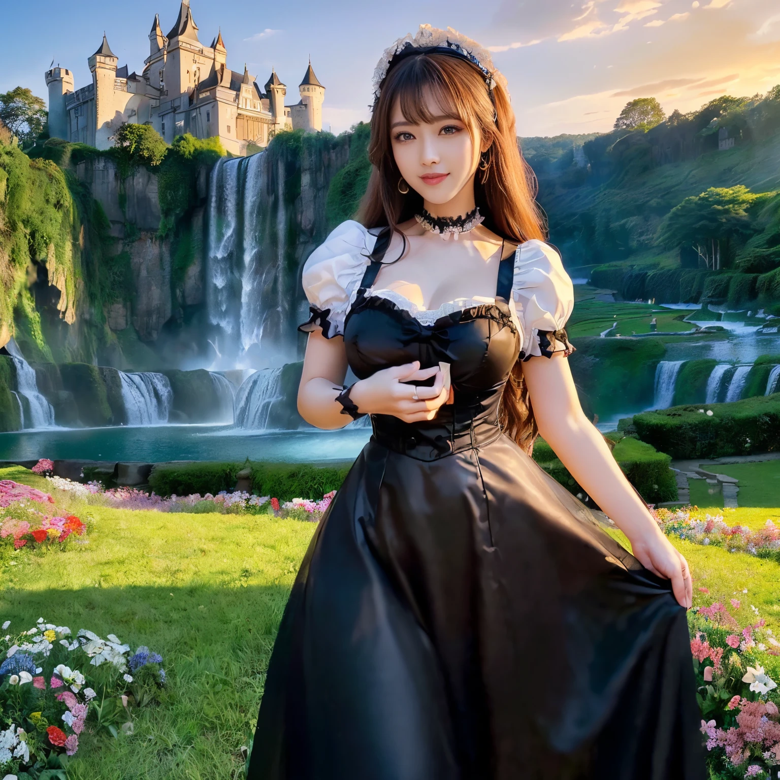(((Best Quality, masutepiece, 超A high resolution、The most complex and detailed depictions、awardwinning, 8K)))、(1 Beautiful Maid、Half Japan and half Spanish in one、A detailed face、Perfect fingers、Graceful standing)、(Gorgeous Victorian Maid Dresses、Black and white maid outfit with luxurious long skirt、Huge black and white maid dress、Black and white maid dresses、Black and white maid dresses、with frills、Big apron and black and white maid outfit)、((The background is a castle, Flower Garden, and waterfalls.、The most luxurious gardens、Luxurious fountain、huge waterfall、falls、beautiful waterfall、Evening glow、Beautiful sunset、Fantastic sunset、The most luxurious medieval European castles、Detailed and intricate castle、Huge and majestic castle、Huge castle、Colorful and bright flower fields、walking in flower garden、Very complex and detailed background、Highly complex and detailed textures、Highly detailed hairstyles))、(Emphasize body lines、large full breasts,stares at the camera、Moist eyes、Smile beautifully、Looking at the camera)
