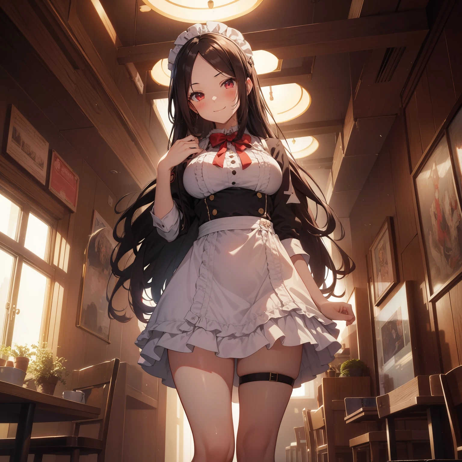 (masutepiece,Best Quality,8K),(extremely detailed CG1.1),s girl,Smile,large boob,(From below:1.2),Intricate details , Hyper realistic, Perfect Anatomy,A dark-haired,Red Eyes,(((Forehead))),Permed hair with wavy hair,(((length hair))),Hair over one eye,hair slicked back,(((Standing))),Full body,Maid costume,blush,Happy smile,Old restaurant,Looking at Viewer