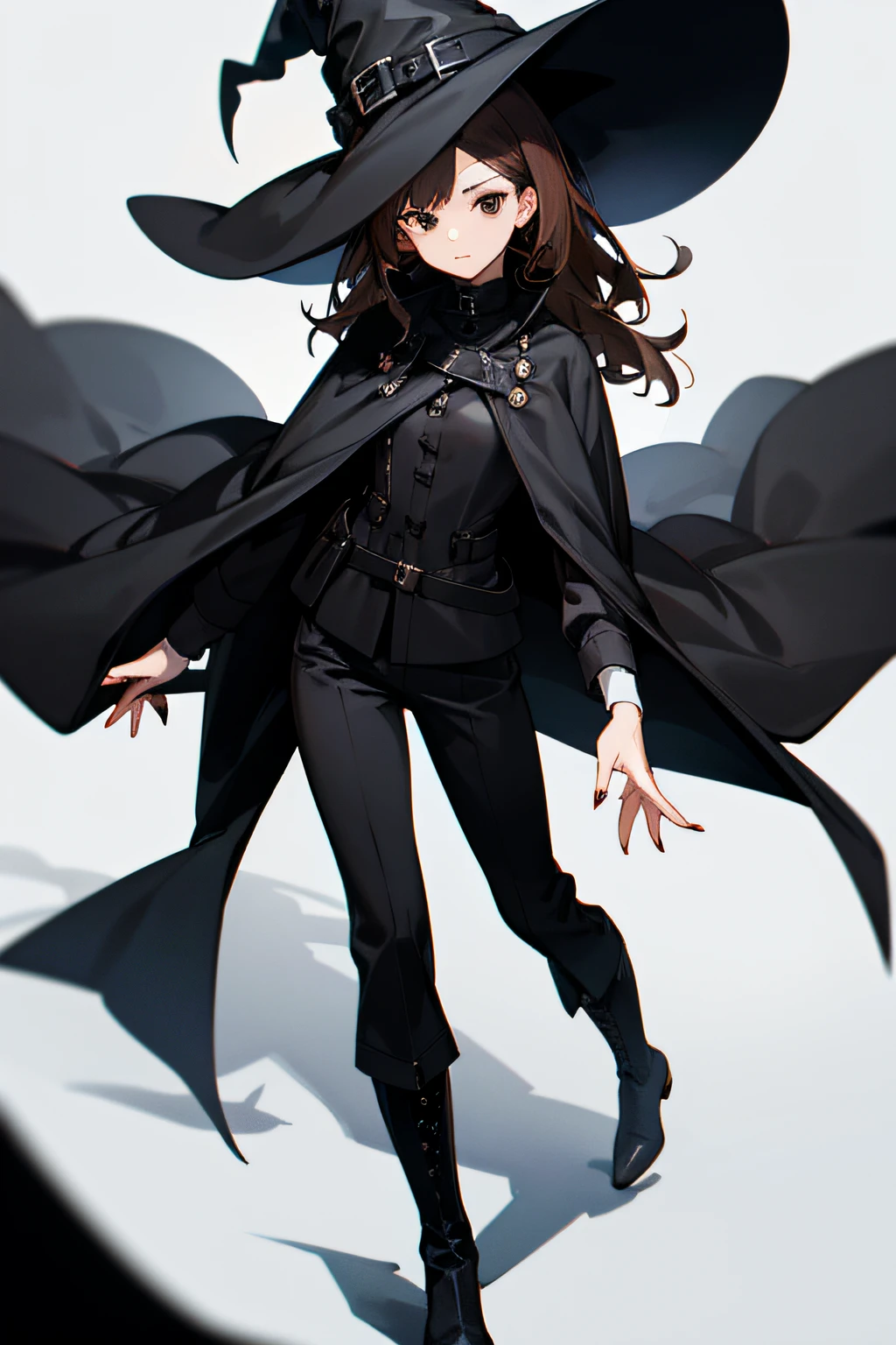 short black to brown hair, black eyes, witch, black magic, long black coat, long black boots, long black pants, black witch hat, long nails, no gender, tall
