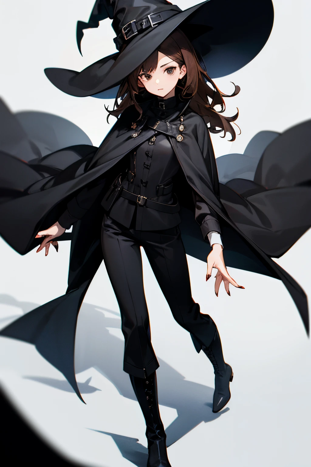 short black to brown hair, black eyes, witch, black magic, long black coat, long black boots, long black pants, black witch hat, long nails, no gender, tall