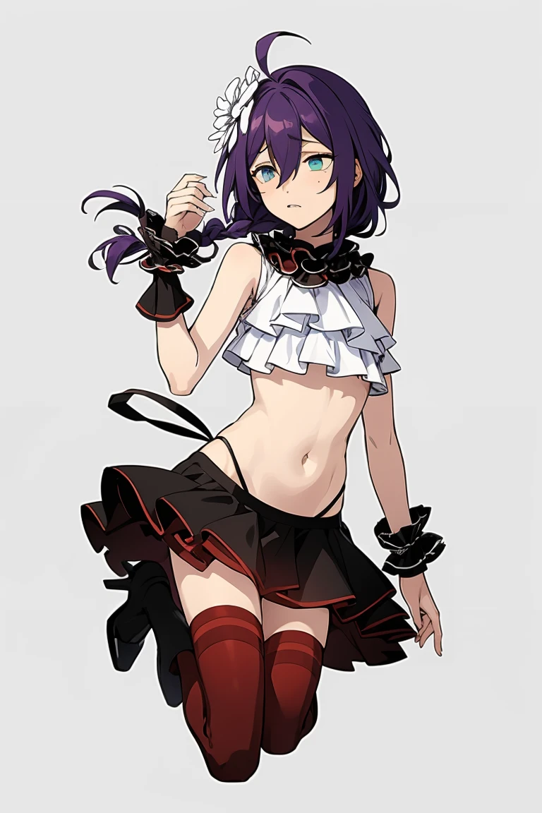 long hair, mole under mouth, purple hair, single braid, hair between eyes, teal eyes, parted lips, ahoge, empty eyes, expressionless, masterpiece, best quality,shiny,chromatic aberration abuse,pastel color,full body,1girl,solo,sleeveless shirt, layered shirt, layered skirt, crop top, wrist cuffs,gradient legwear, red thighhighs,high heels, boots,hair flower, ribbon